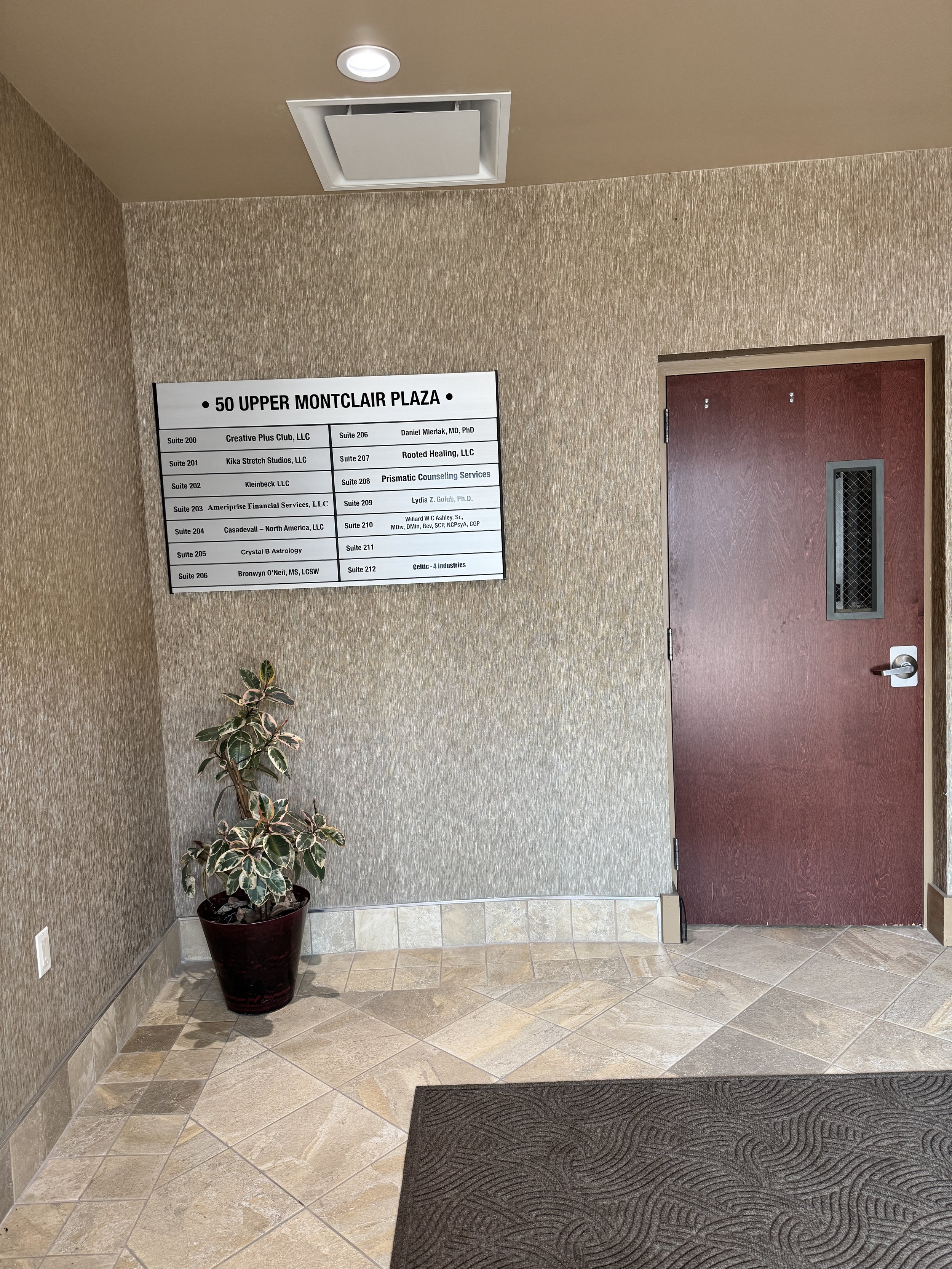 Upon entering 50 Upper Montclair Plaza. Take the elevator up to the 2nd floor to reach Suite 207 ( it will say Rooted Healing, LLC, this is a shared suite). The building is fully accessible with elevator access to ensure a seamless arrival.