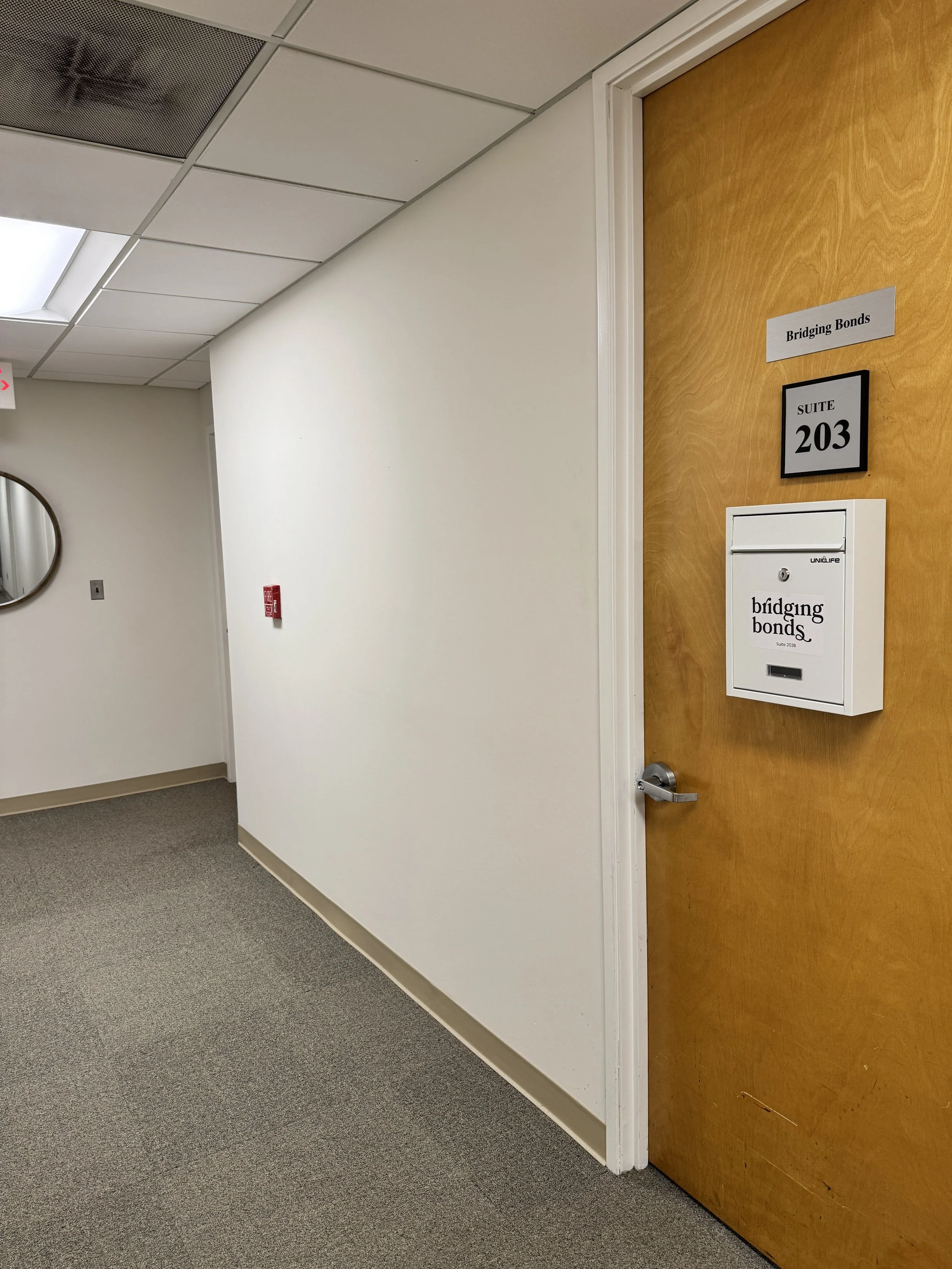 Suite 203 door with the Bridging Bonds mailbox at the Parsippany, NJ therapy office
