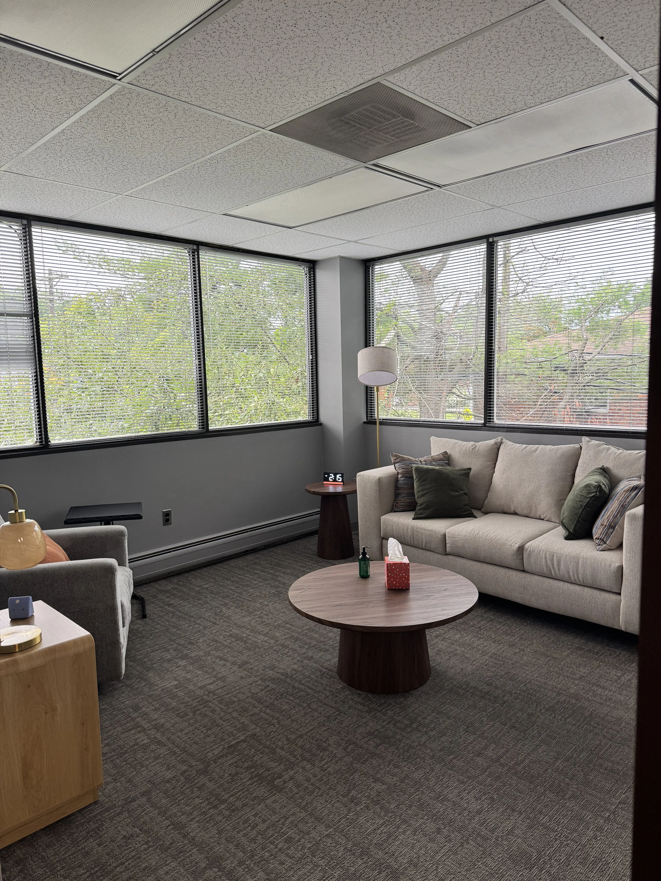 Corner therapy office in Parsippany, NJ with a sectional sofa and treetop views