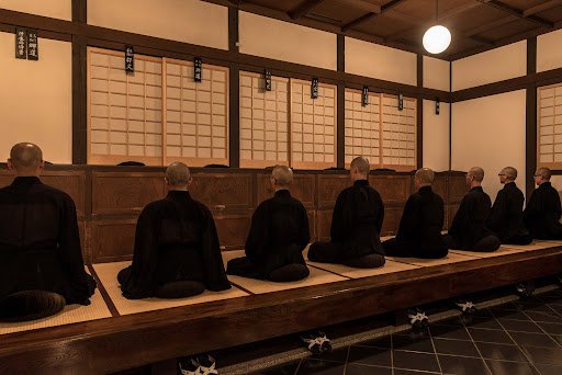 Grupo de monjes budistas en una sala tradicional japonesa, sentados en posición de oración
