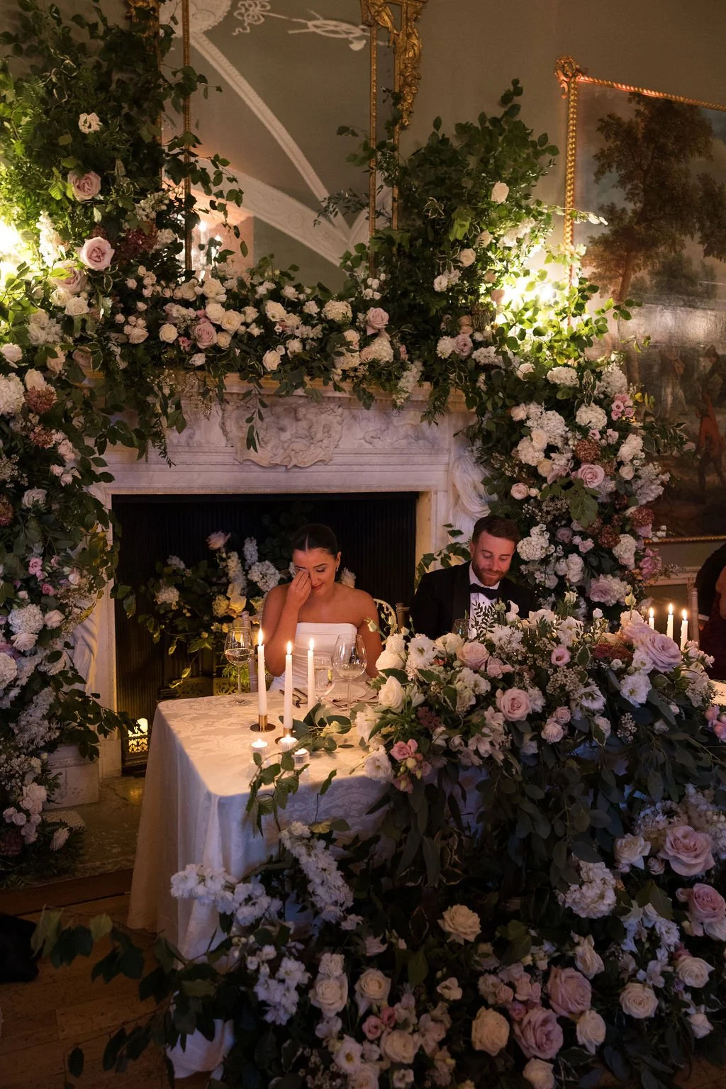 Luxury wedding flower setup sweetheart table Mantlepiece flowers