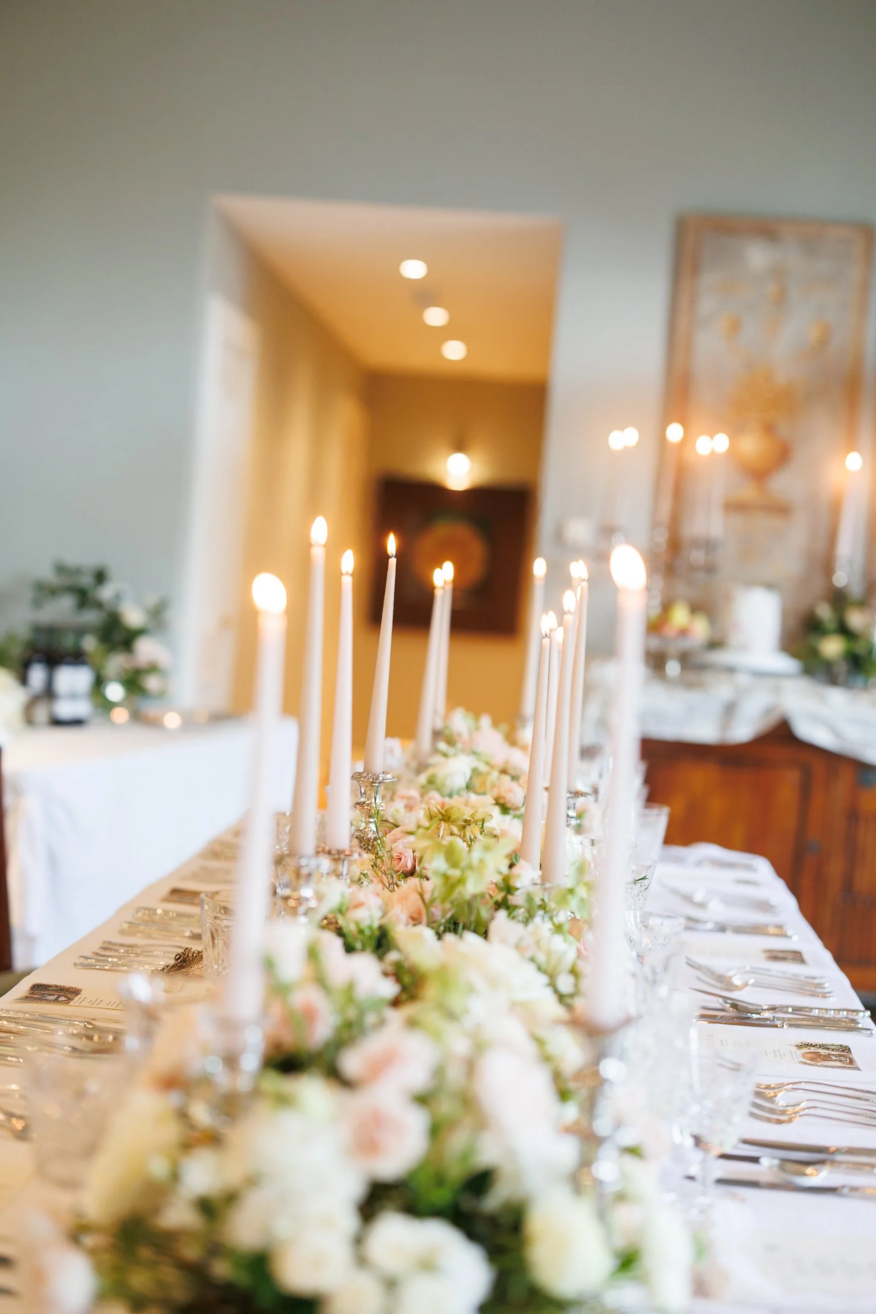 Dining area set up. Floral runner. 