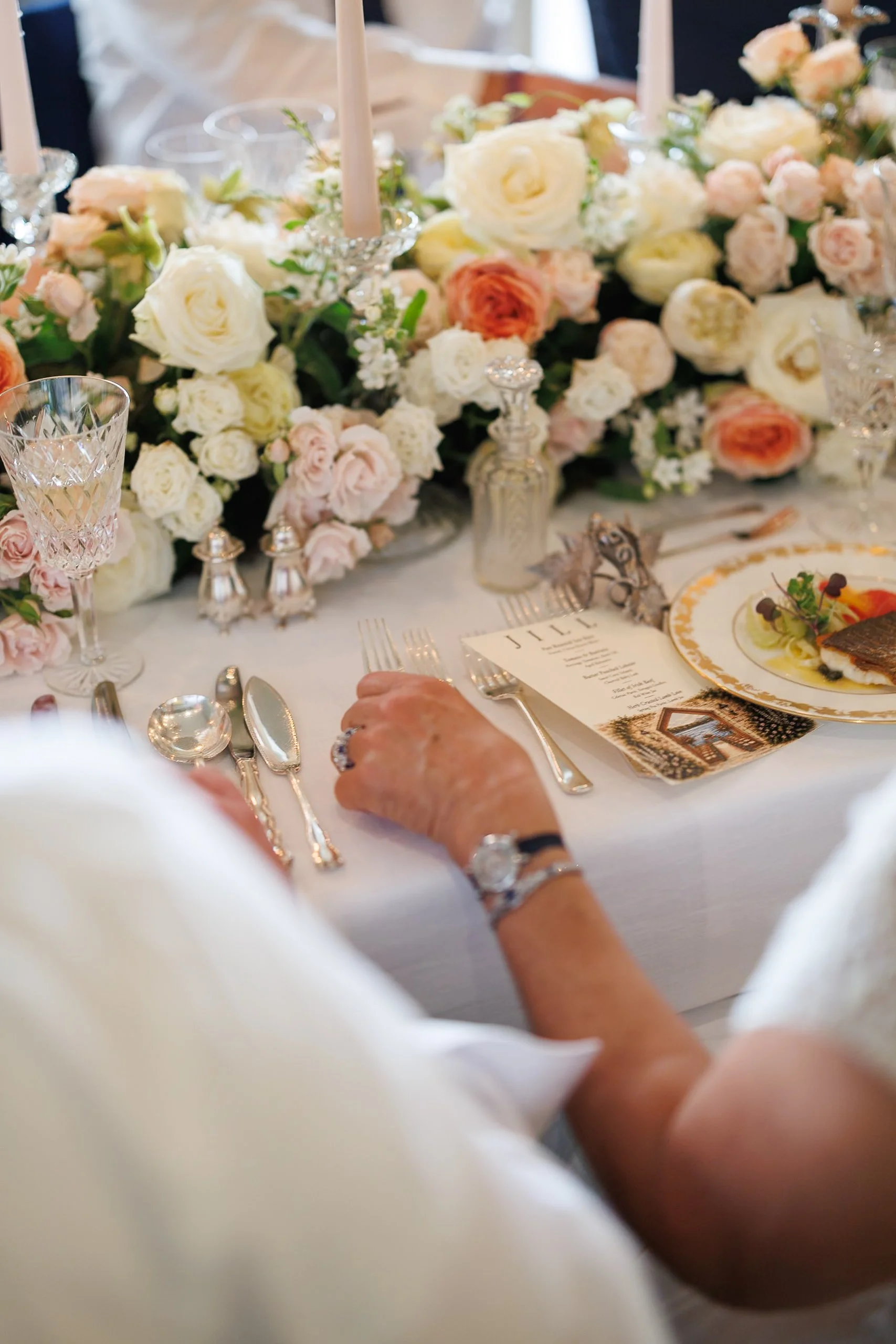 Fairytale timeless wedding dinner, blush pink and white wedding flowers
