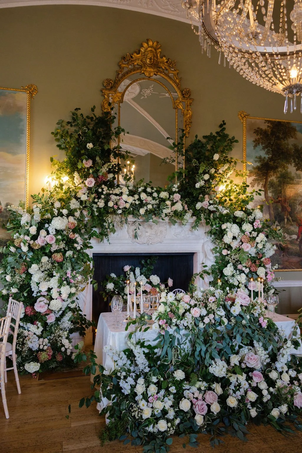 Lavish flower installation sweetheart table Luttrellstown Castle