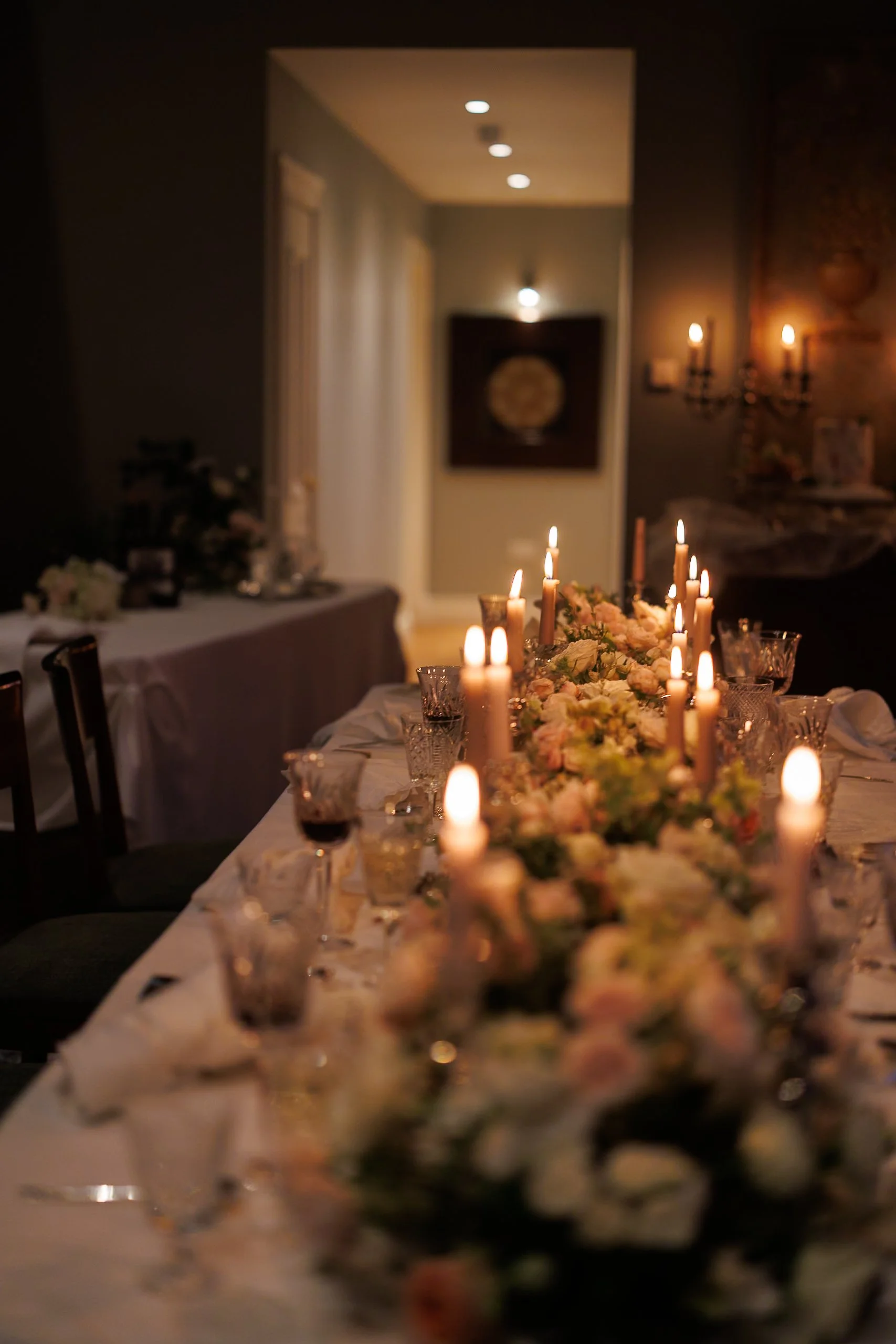 End of night wedding flowers table