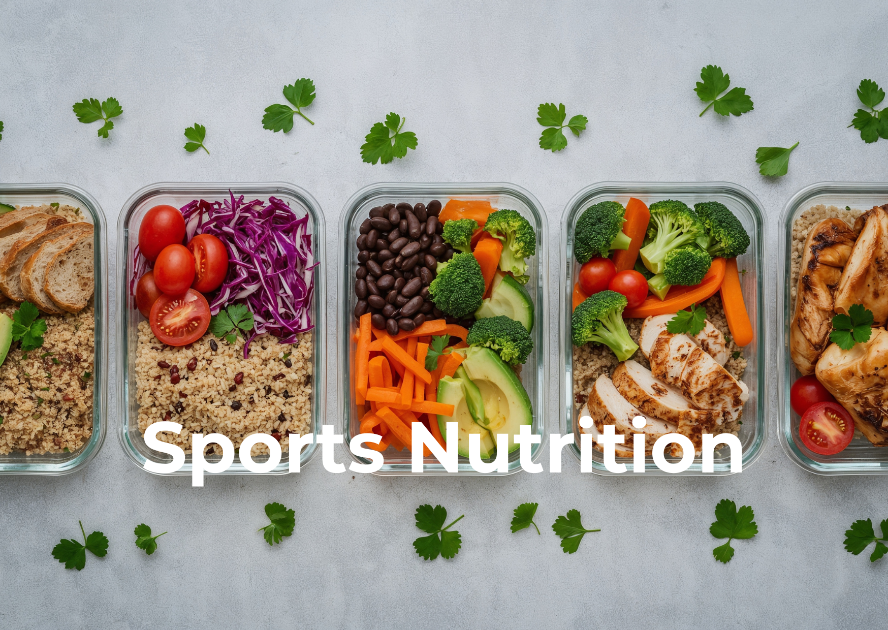 A row of five glass meal prep containers filled with colorful, healthy food options, including grains, vegetables, and grilled chicken, with fresh herbs sprinkled on top.