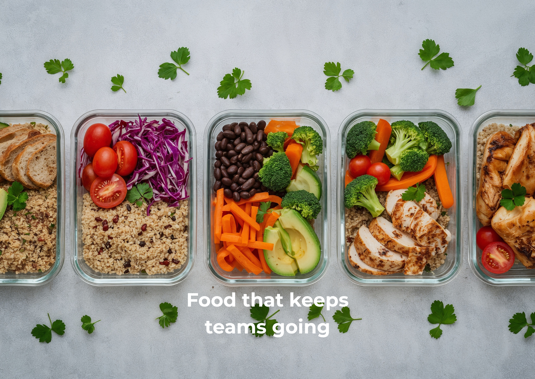 Five glass meal prep containers with salads, vegetables, and grilled chicken on a white surface with scattered cilantro leaves.