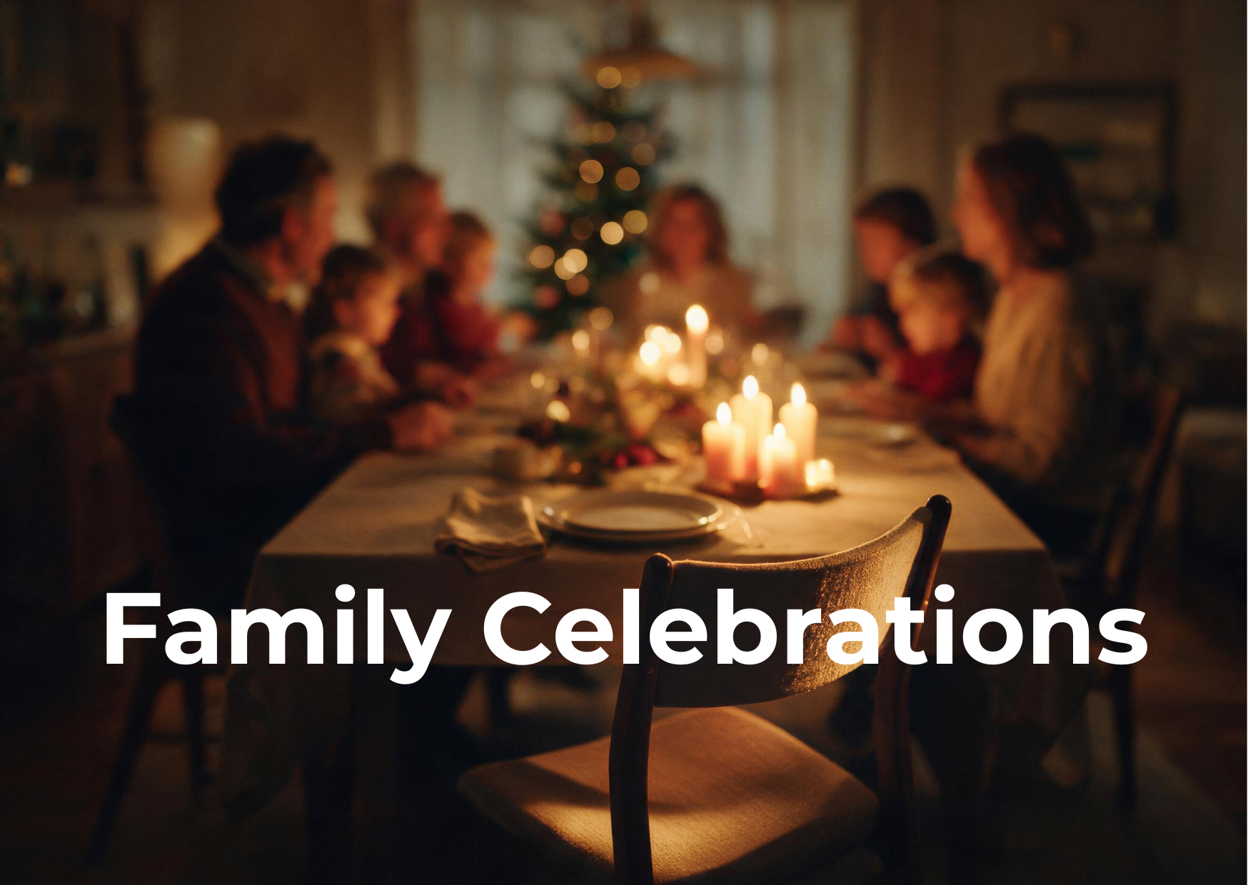 A family gathered around a dinner table decorated with lit candles and a Christmas tree in the background, celebrating together during the holiday season.