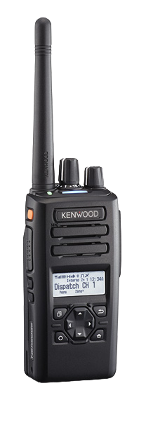 Kenwood two-way radio with antenna and LCD screen showing Dispatch CH1.