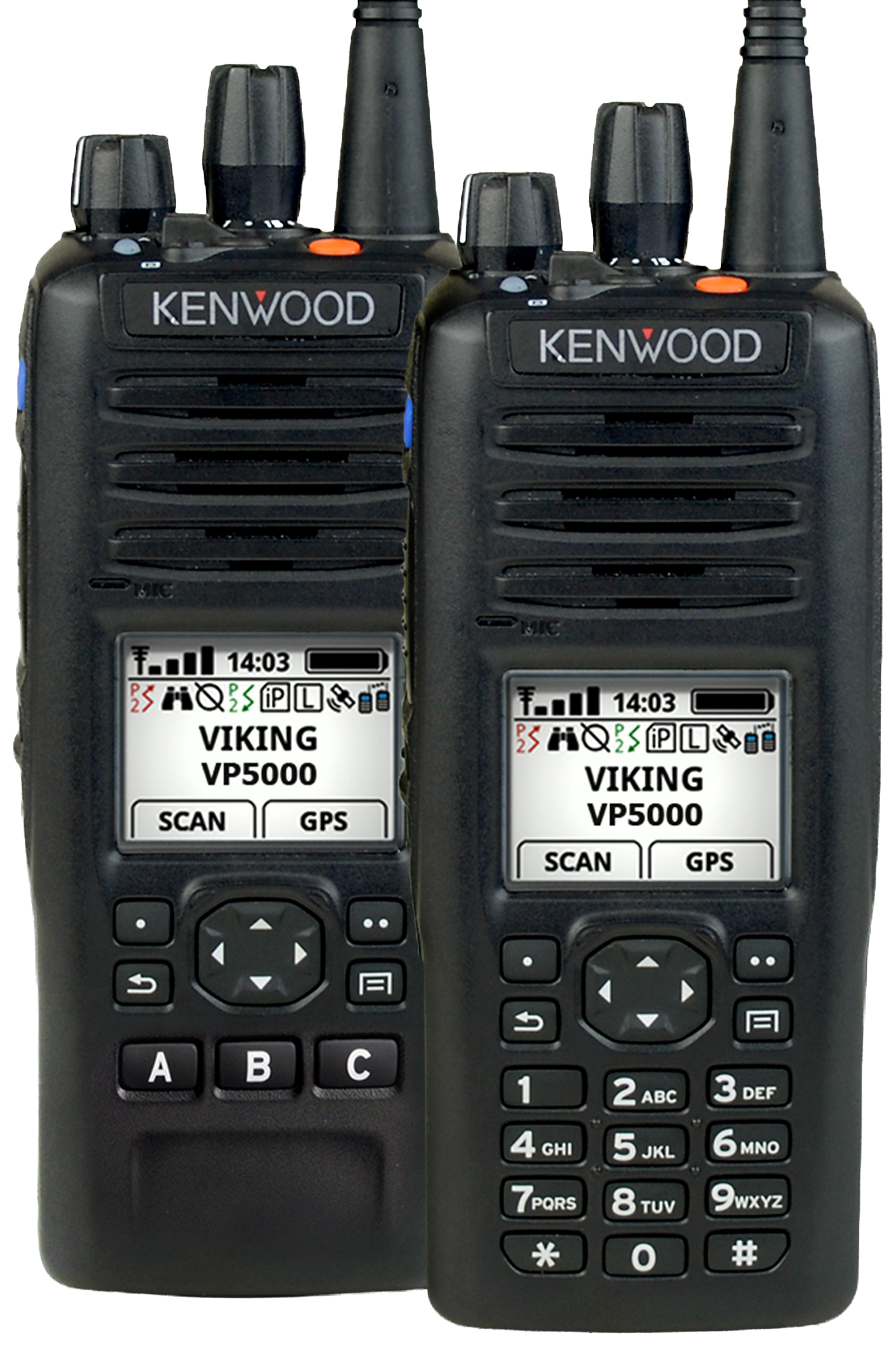 Two Kenwood Viking VP5000 walkie-talkies with antennas, screens, and buttons.