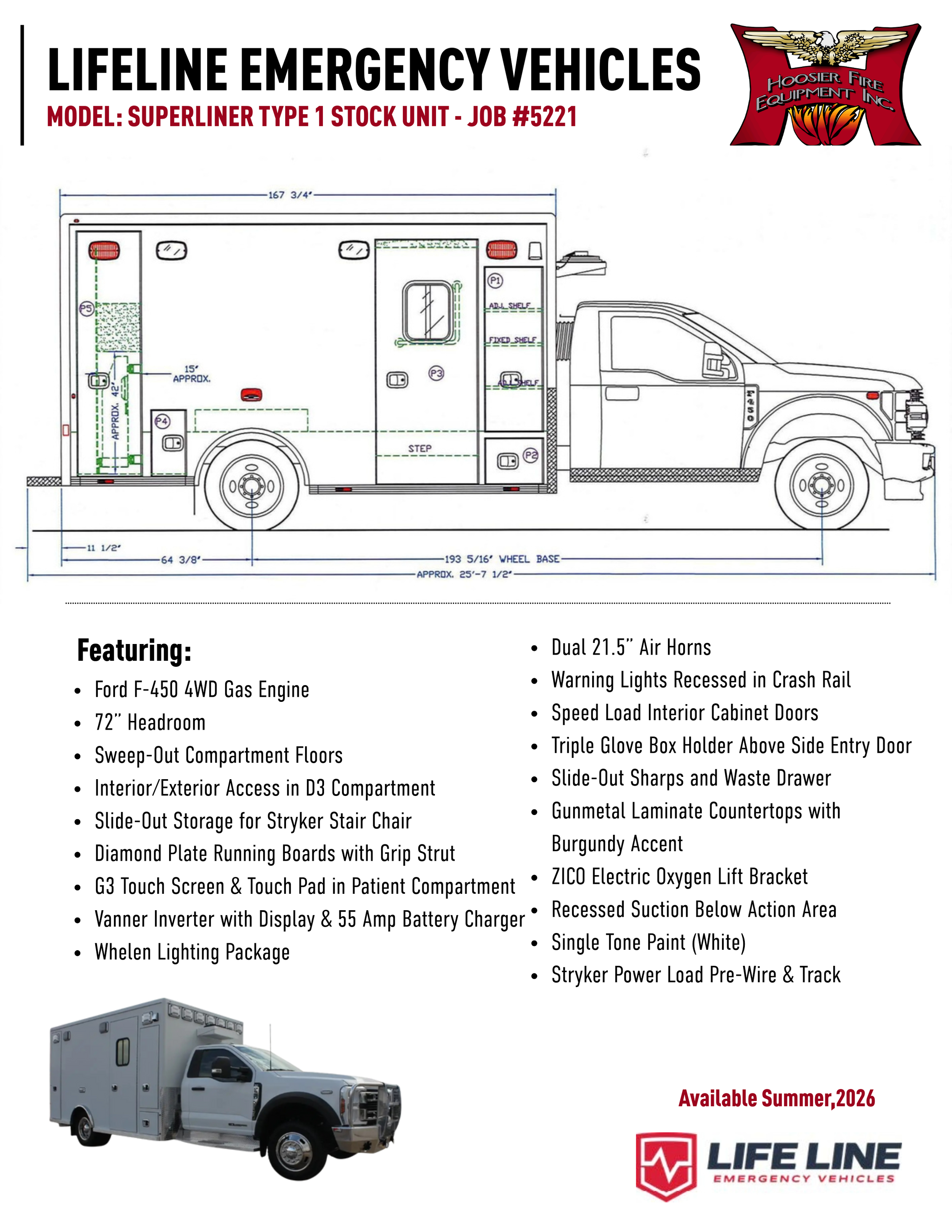 Blueprint of a new emergency response vehicle showing side view with various compartments and features listed, including dual air horns, warning lights, and custom interior upgrades. Also includes a photograph of a white emergency vehicle with compartments.