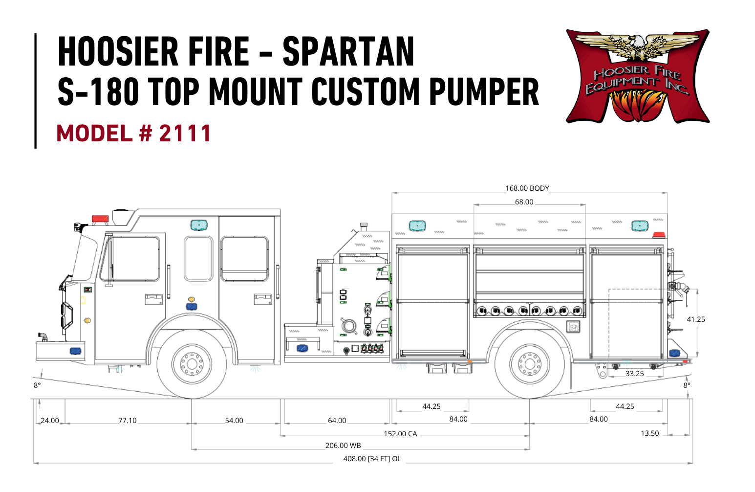 Technical diagram of a fire truck labeled Hoosier Fire - Spartan S-180 Top Mount Custom Pumper, Model 2111, with detailed dimensions. This model is available for demo and purchase through Hoosier Fire Equipment, Inc.