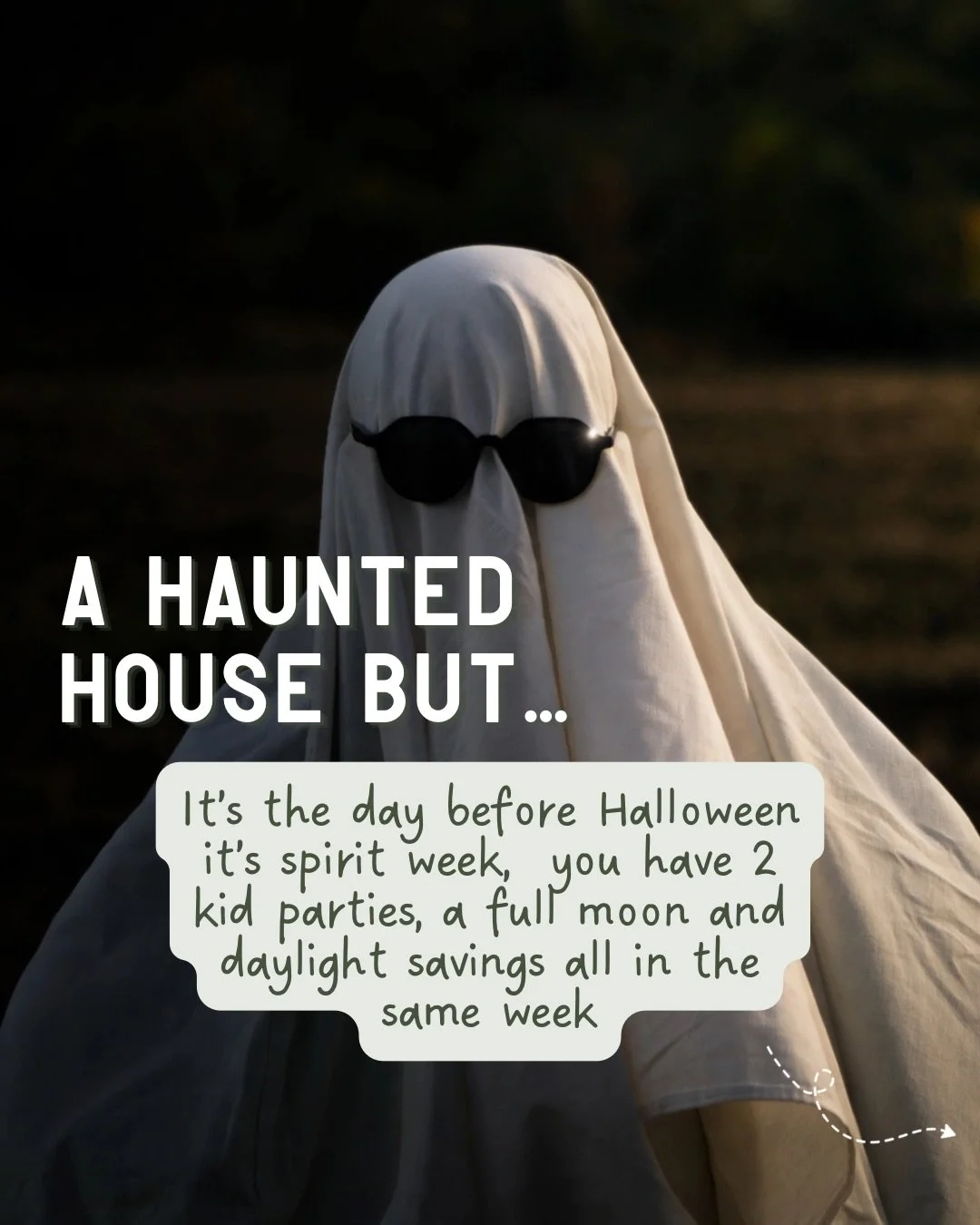 👻 SHARE this with the mom friend who&rsquo;s living in current state 😅

A haunted house for mom, but someone decided we need to take it up a notch with spirit week, Halloween, a full moon, daylight savings time, field trips, and fall parties all in
