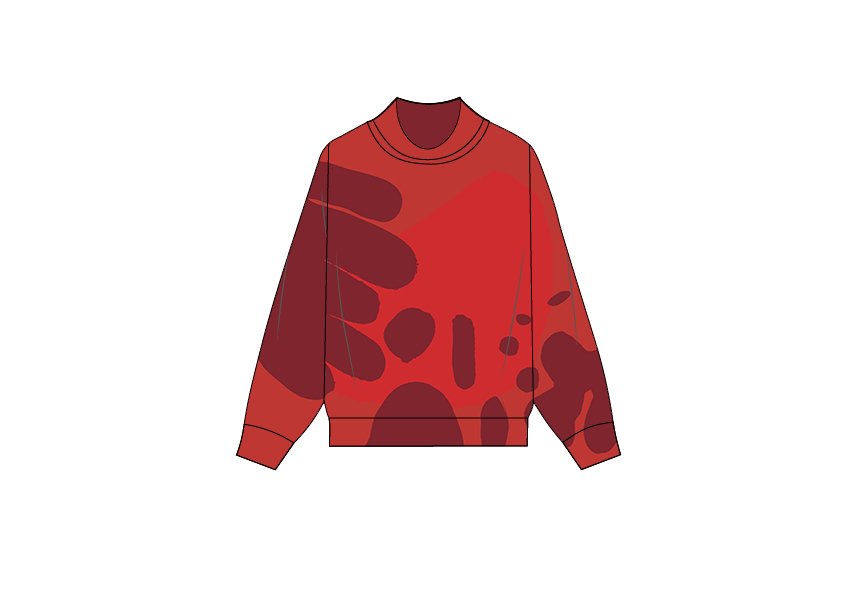 Maglione rosso con disegni astratti scuri.