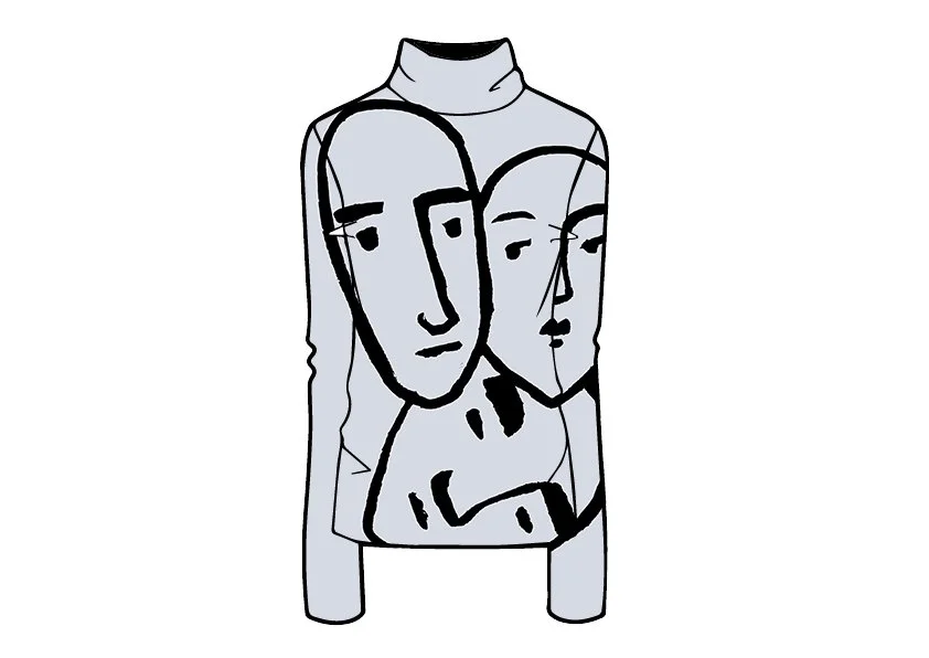 Maglione con disegno astratto di due volti umani stilizzati.