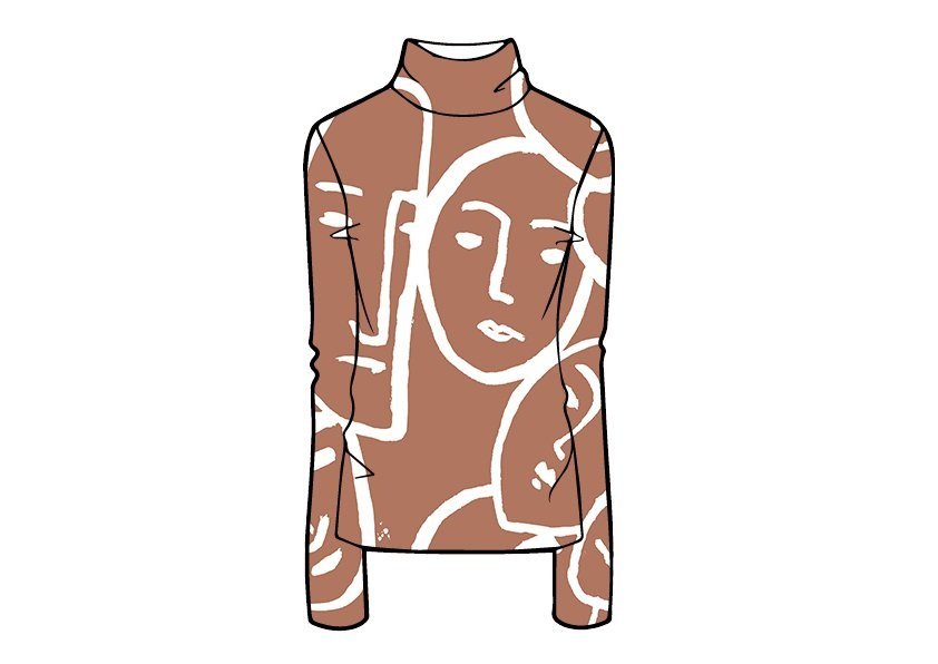 Maglietta con un disegno stilizzato di facce umane disegnate con linee bianche su sfondo marrone