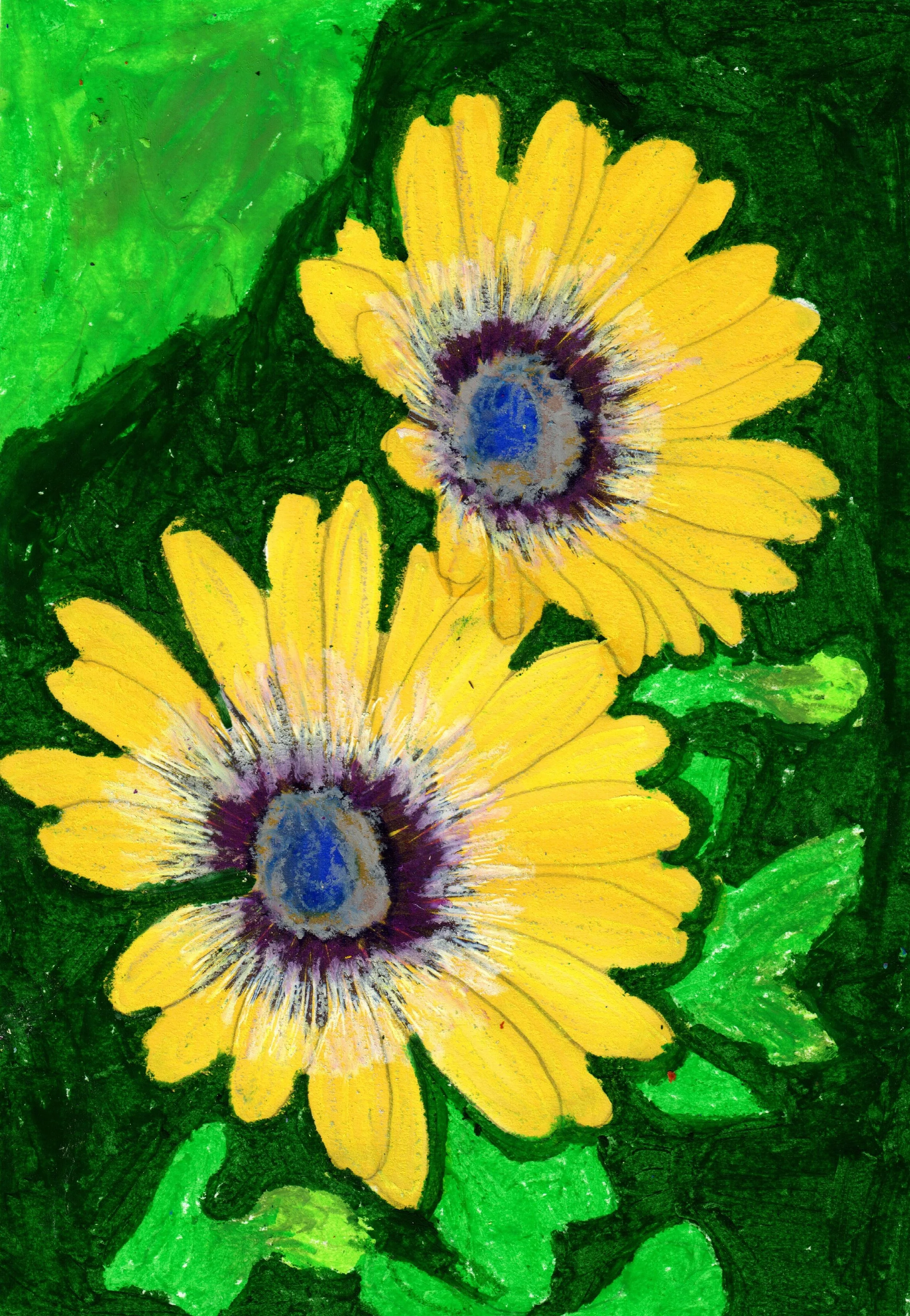 Dipinto di due girasoli gialli con centro blu e viola, circondati da foglie verdi.