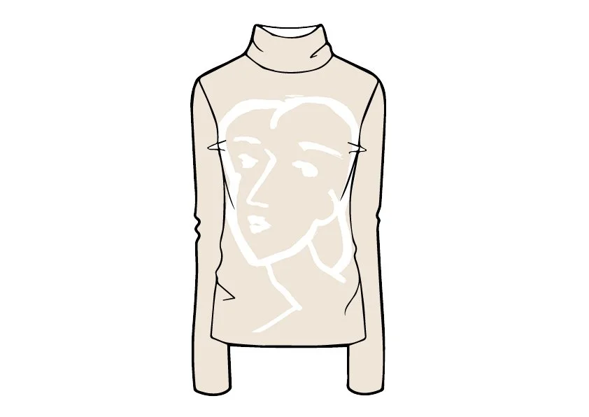 Maglione beige con decorazione di un volto femminile stilizzato in bianco.