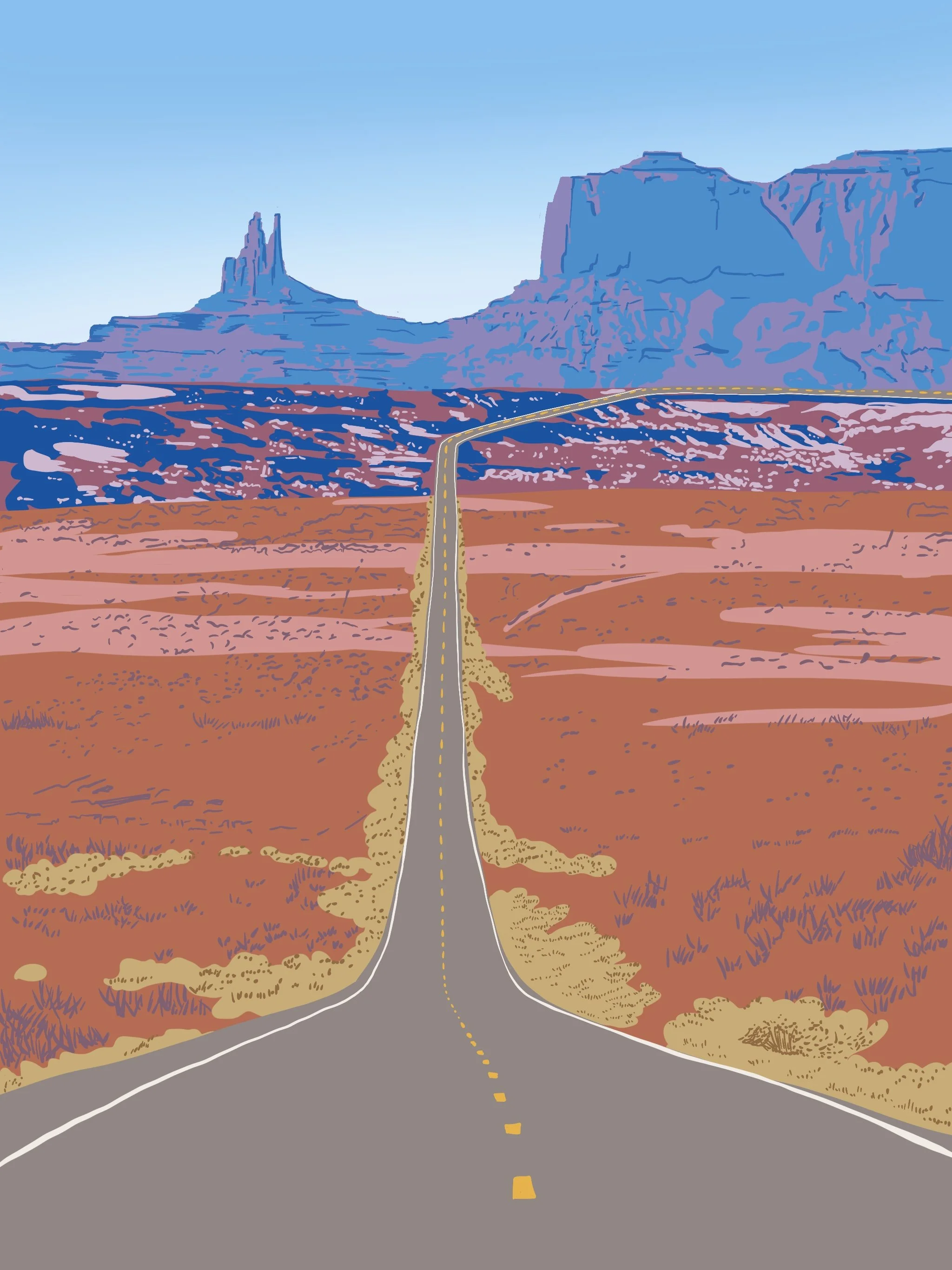 Strada asfaltata che si estende attraverso un deserto roccioso con montagne blu sullo sfondo e un cielo azzurro chiaro.