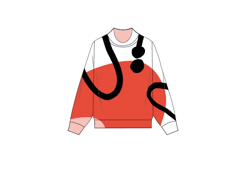Felpa con disegno di un'illustrazione di stetoscopio, in bianco, nero e rosso.
