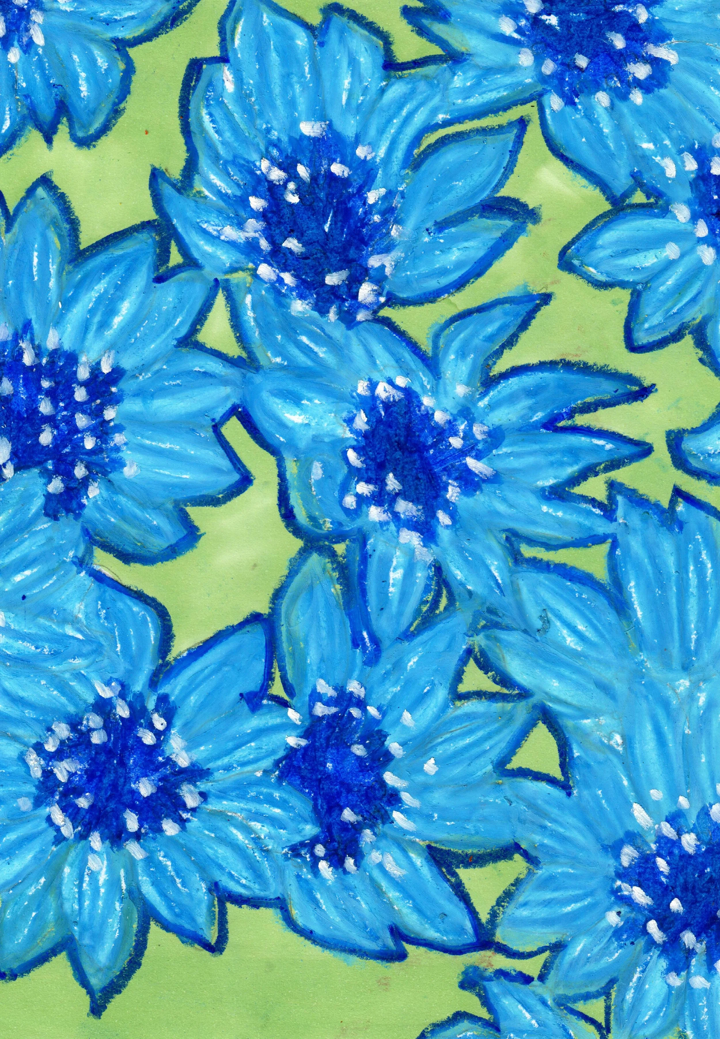 Dipinto astratto di grandi fiori blu con petali spessi, sfondo verde chiaro, stile pittorico.