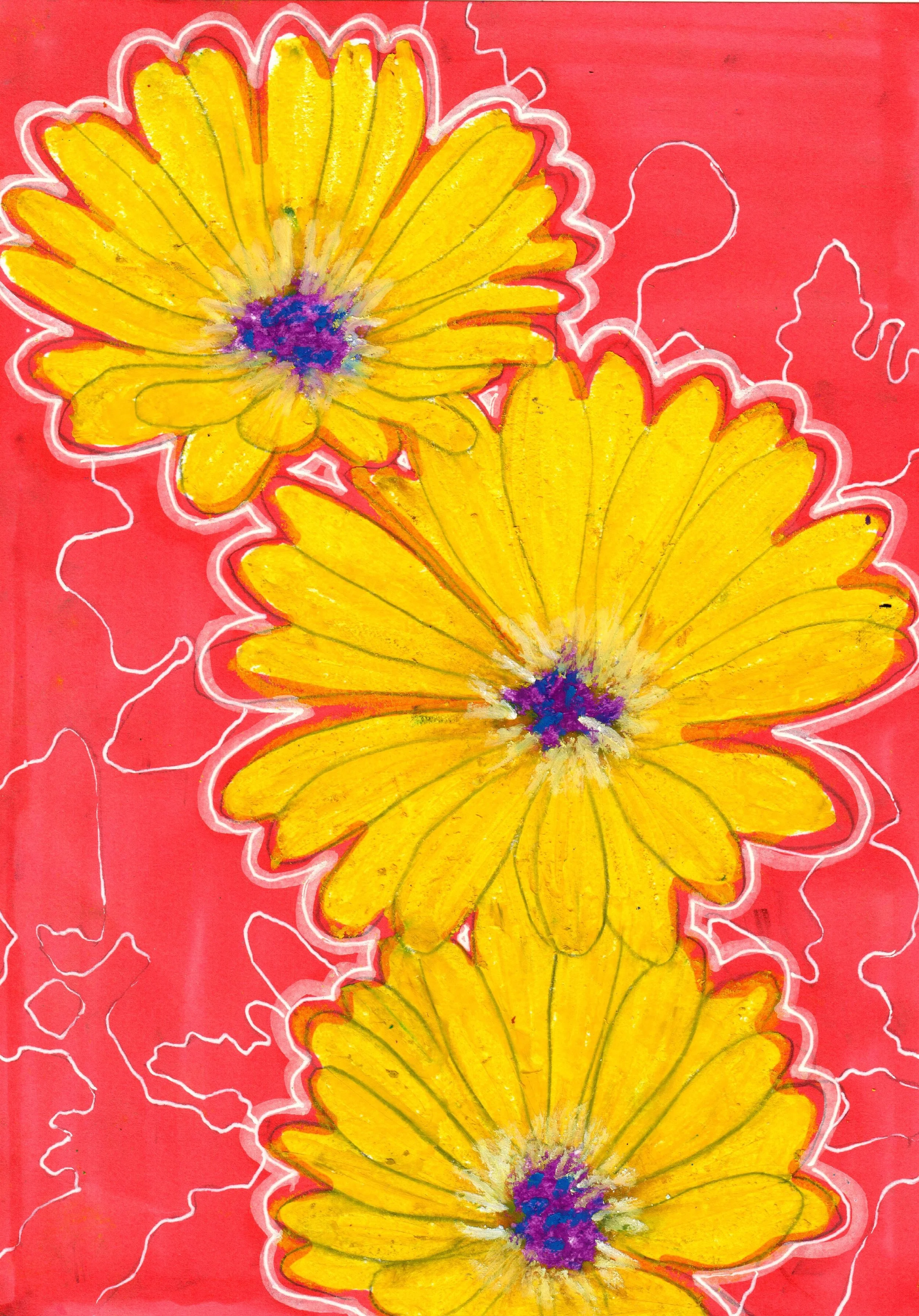 Dipinto astratto di fiori gialli con dettagli viola e sfondo rosa, con linee bianche che circondano i fiori.