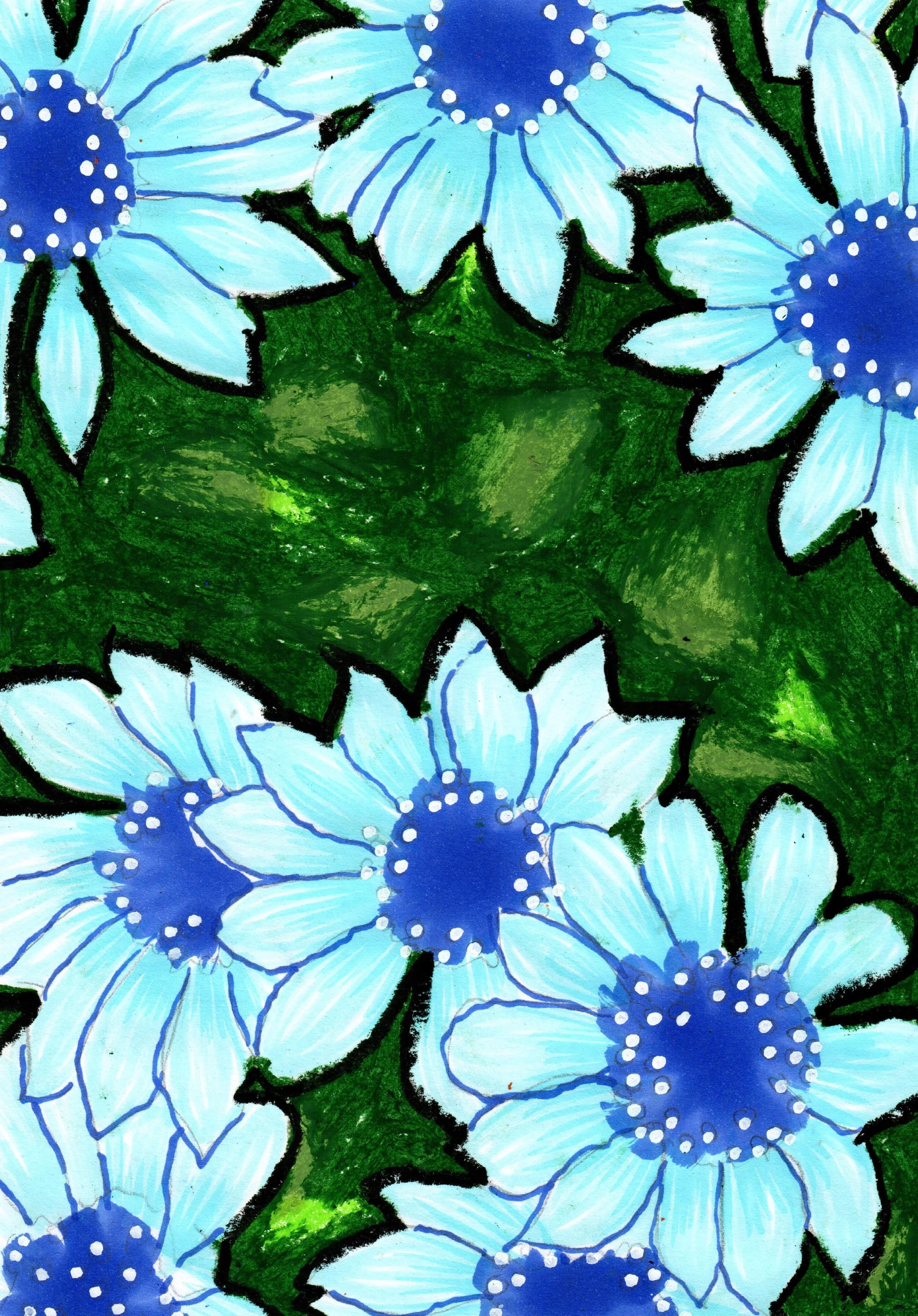 Disegno con fiori azzurri e verdi, con dettagli in bianco e nero.