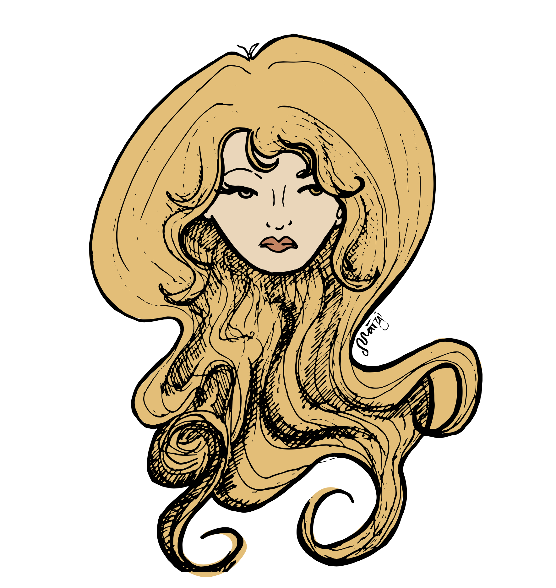 Ritratto di una donna con lunghi capelli ondulati di colore biondo, vestita di nero, con uno sfondo bianco.