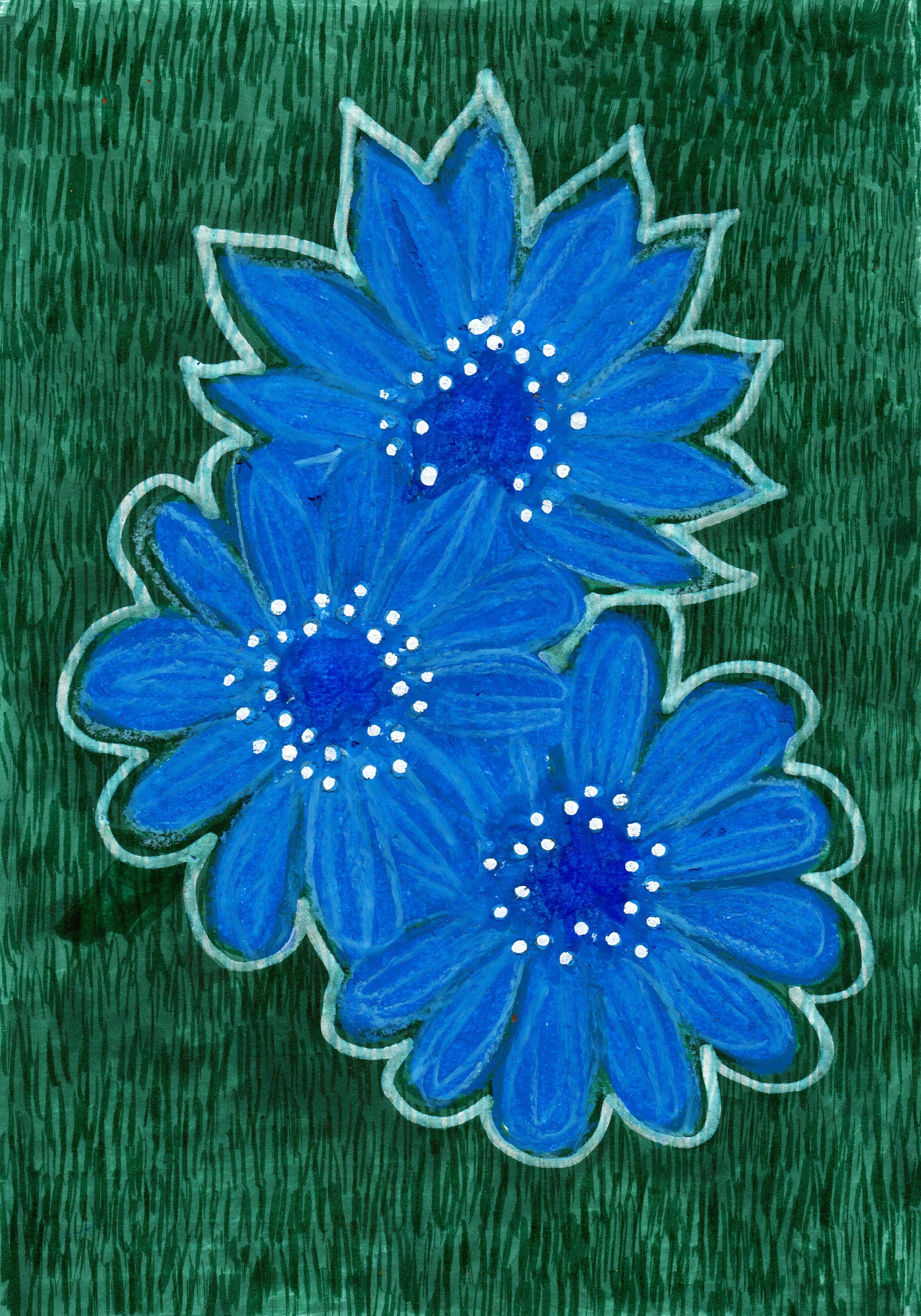 Un disegno di fiori blu con sfondo verde