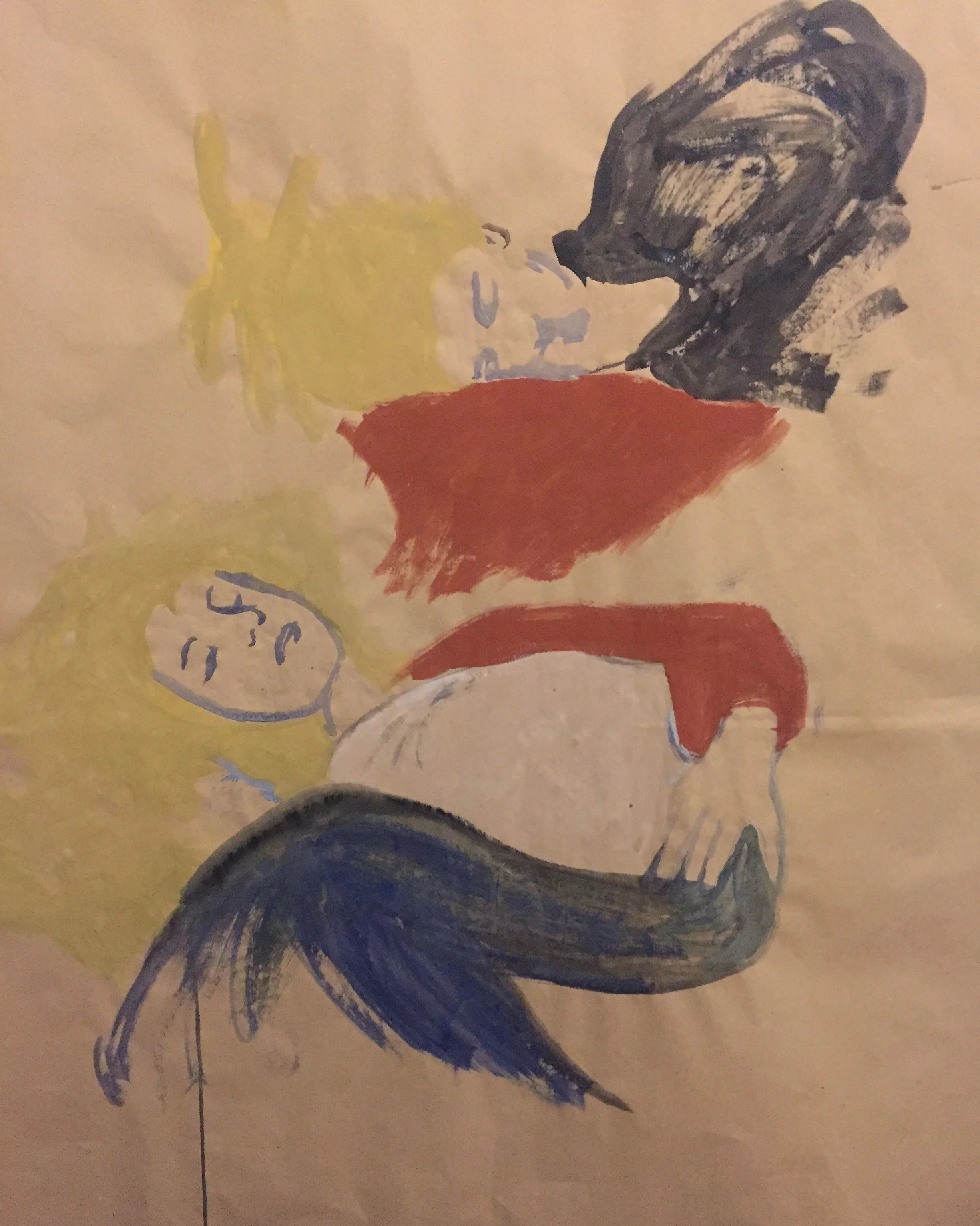disegno di una figura umana con capelli gialli, un volto con linee blu, una maglietta rossa e una gonna bianca con un'ombra blu, accompagnata da un elaborato ciuffo di capelli blu in basso.