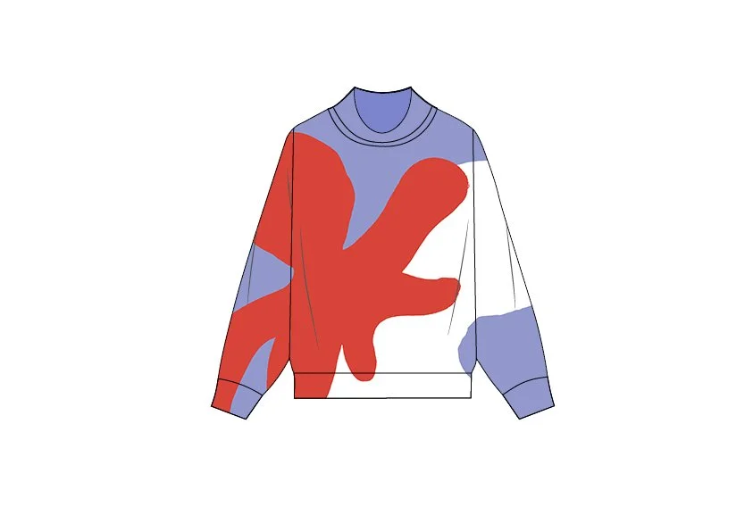 Felpa con disegni astratti in colori blu, rosso e bianco.