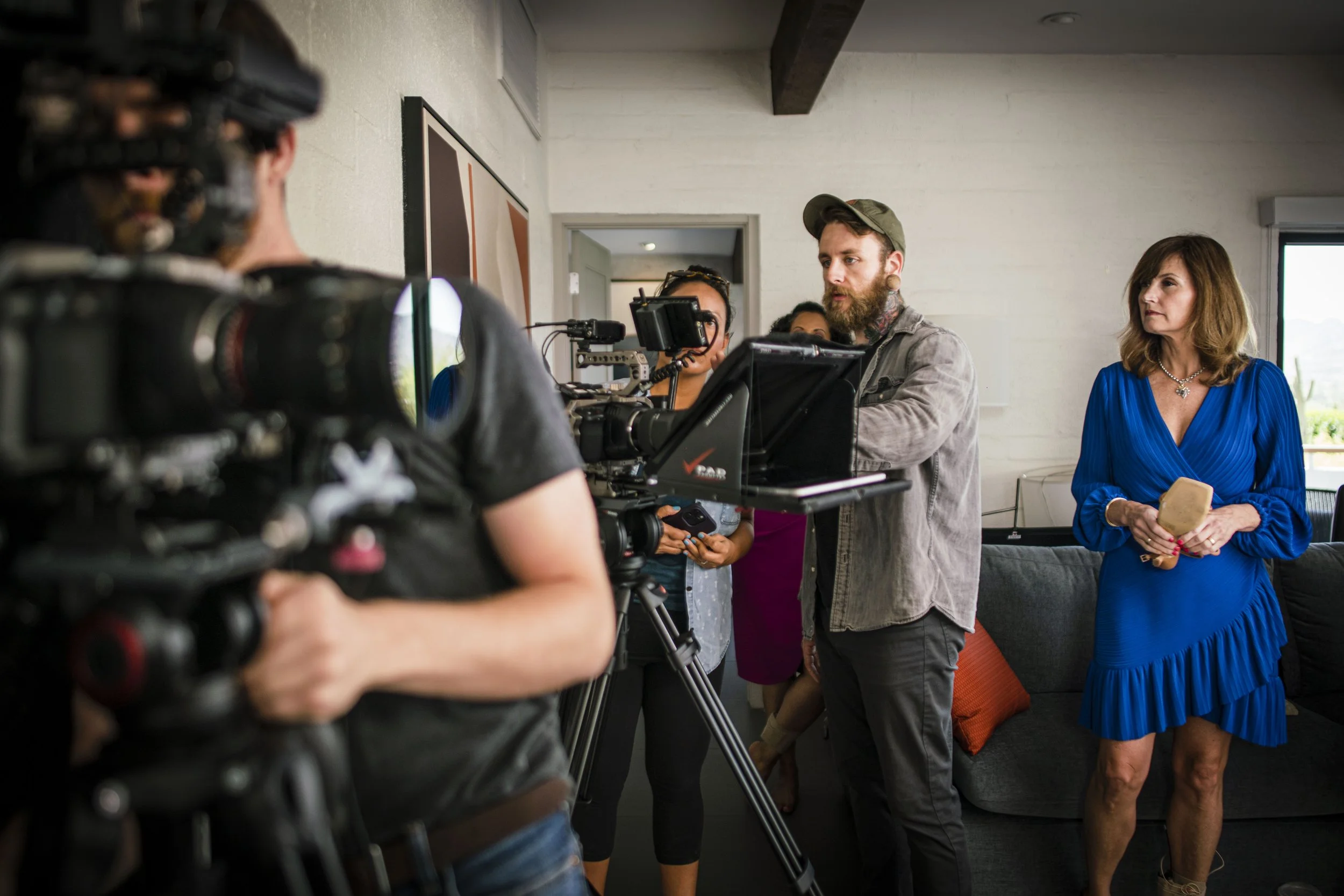 Video production company on set with client in san antonio