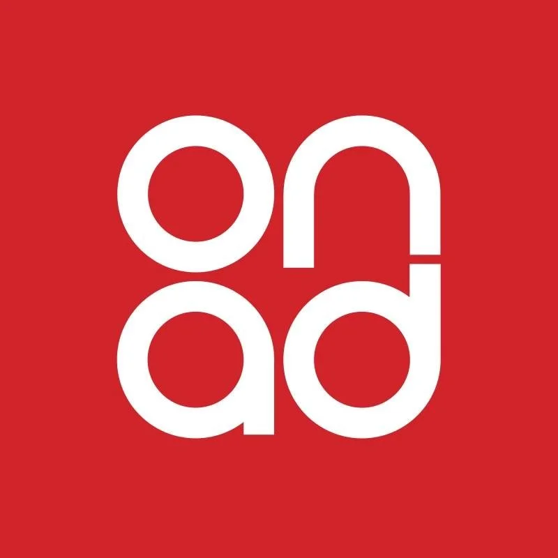 Red background with white lowercase letters spelling 'ond' and 'ad' placed vertically and horizontally.