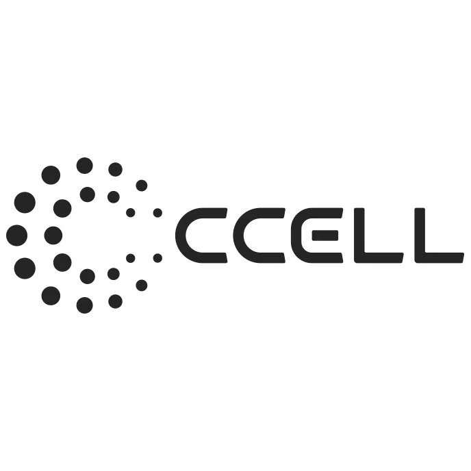 Logo with a circular pattern of black dots and the text 'CCELL' in bold, modern font.