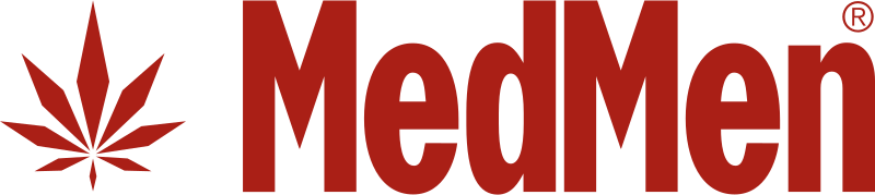 MedMen logo with red cannabis leaf and bold red text.