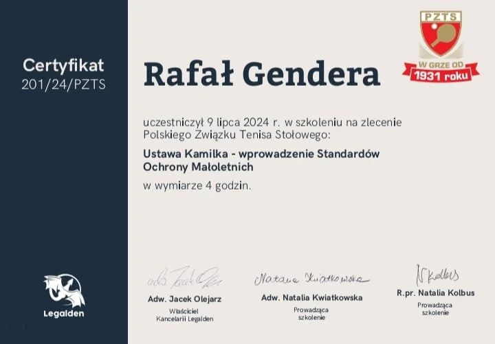 Trener Rafał z Certyfikatem - zakres szkolenia " Standardy Ochrony Małoletnich" uzyskany !