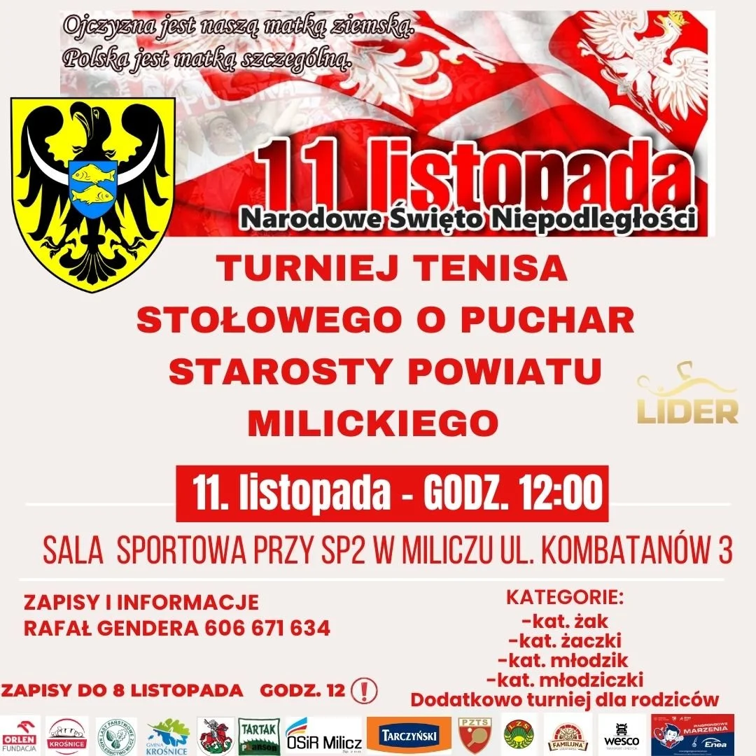 Turniej Tenisa Stołowego o Puchar Starosty Powiatu Milickiego z okazji Święta Odzyskania Niepodległości !