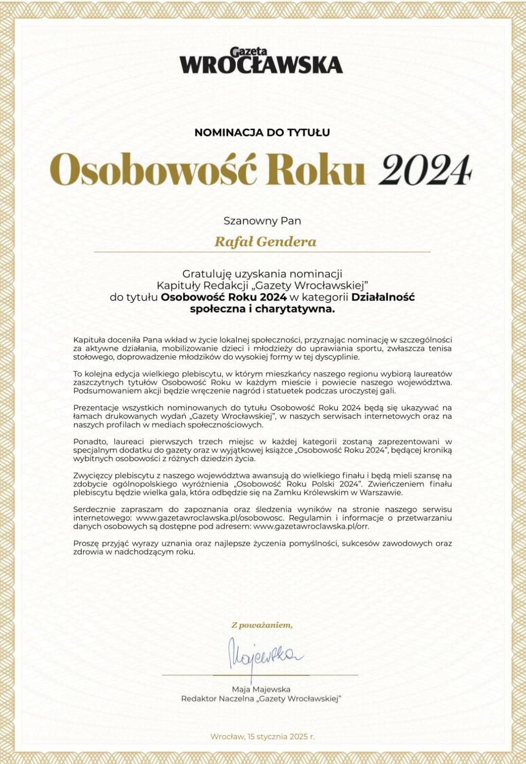 Trener Rafał z nominacją do osobowości Roku 2024 !