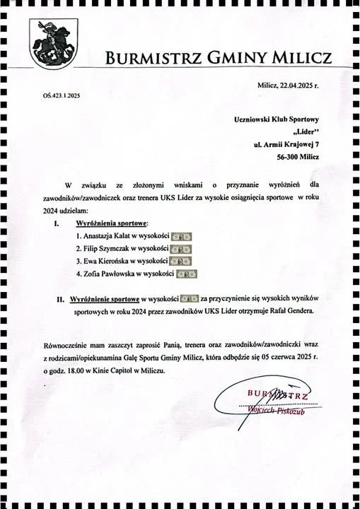 Tenisiści stołowi z nagrodami Burmistrza Gminy Milicz !