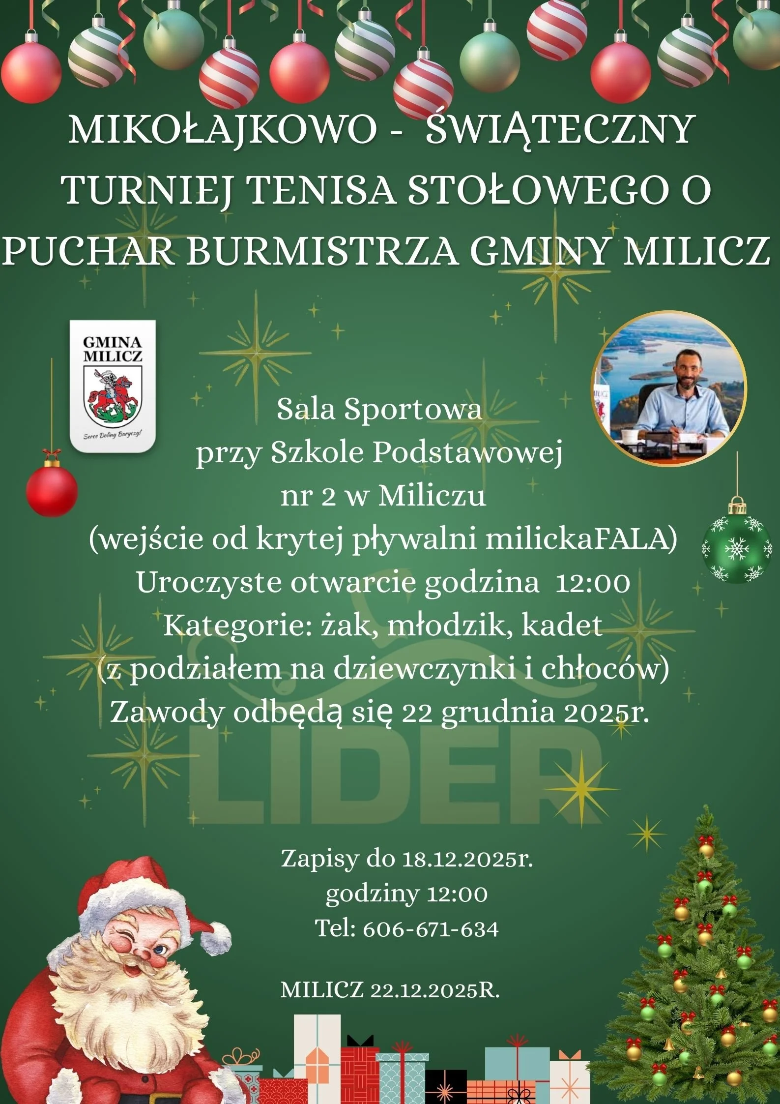 Zapraszamy na Mikołajkowo - Świąteczny Turniej Tenisa Stołowego o Puchar Burmistrza Gminy Milicz.