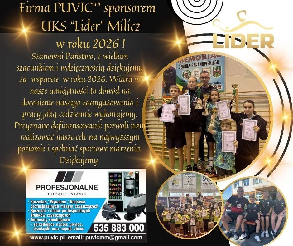       
  
    Firma PUVIC to kolejna firma, która dołączyła do grona darczyńców milickiego klubu tenisa stołowego !   Jest nam niezmierne miło, że na koncie bankowym Uczniowskiego Klubu Sportowego " Lider" Milicz pojawiło się kolejne wsparcie finanso
