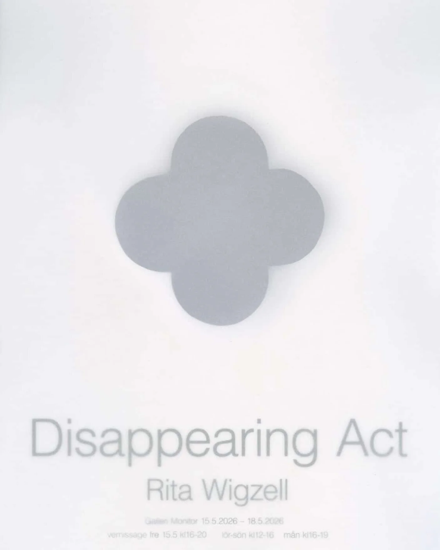 V&auml;lkommen p&aring; vernissage f&ouml;r Rita Wigzells utst&auml;llning Disappearing Act. 

Rita Wigzell arbetar med funna fotografier, ofta nedladdade generiska bilder fr&aring;n internet, som sedan bearbetats tills de tappar sin ursprungliga ide