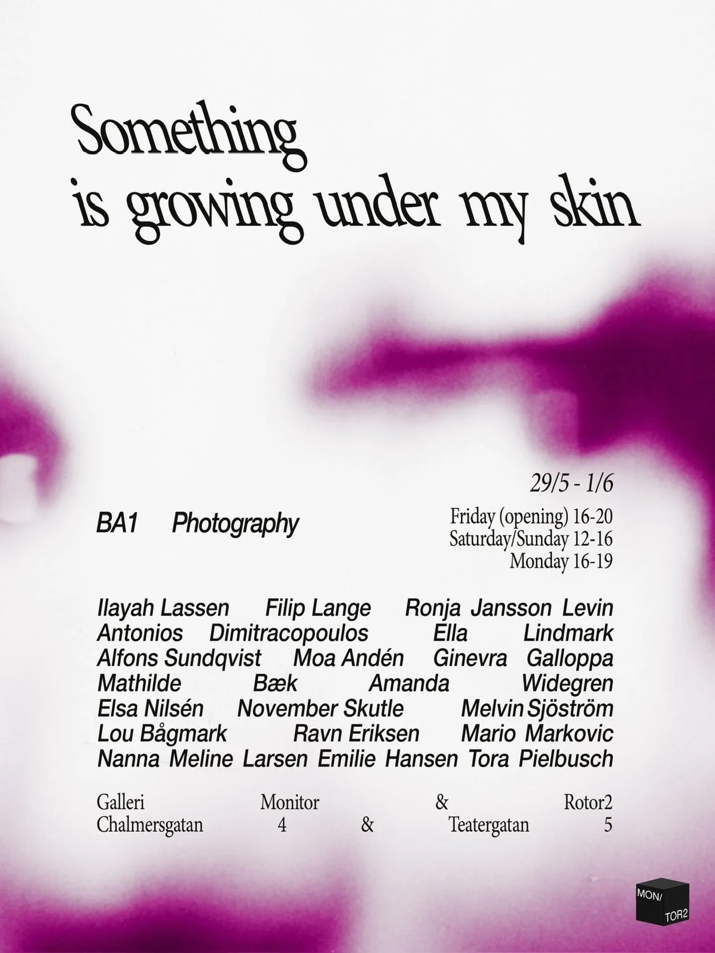 𝘚𝘰𝘮𝘦𝘵𝘩𝘪𝘯𝘨 𝘪𝘴 𝘨𝘳𝘰𝘸𝘪𝘯𝘨 𝘶𝘯𝘥𝘦𝘳 𝘮𝘺 𝘴𝘬𝘪𝘯

We welcome, family, friends and strangers to &rdquo;Something is growing under my skin&rdquo;, an end term exhibition by BFA 1 Photography students from HDK-Valand. 
The show opens on F