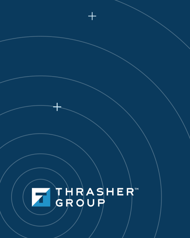 Thrasher Group logo on a blue background with concentric circles and crosshairs