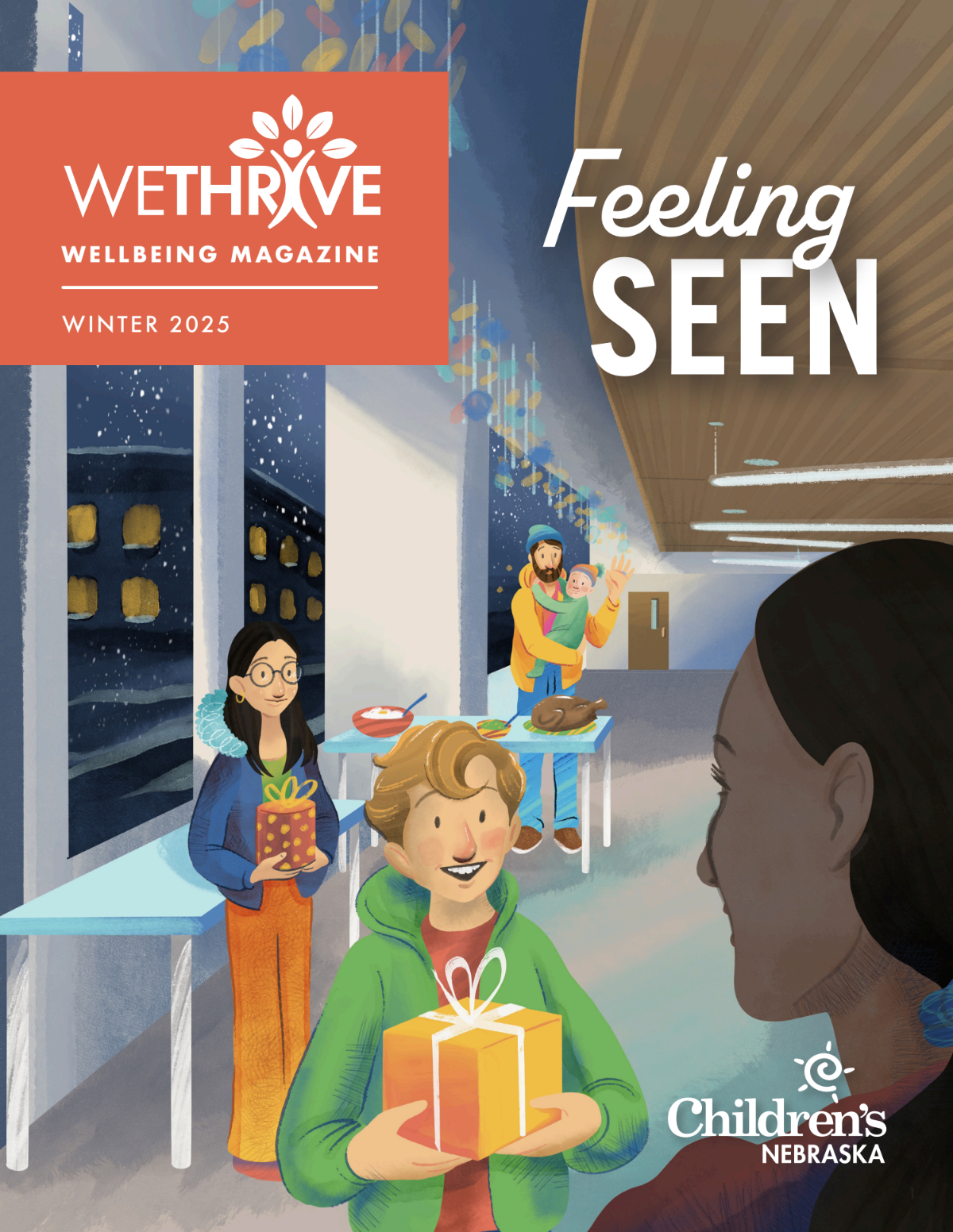 Cover of Wethrive Wellbeing Magazine Winter 2025 with an illustration of holiday scene featuring children exchanging gifts, a table with food, and people celebrating indoors with snow outside the windows.