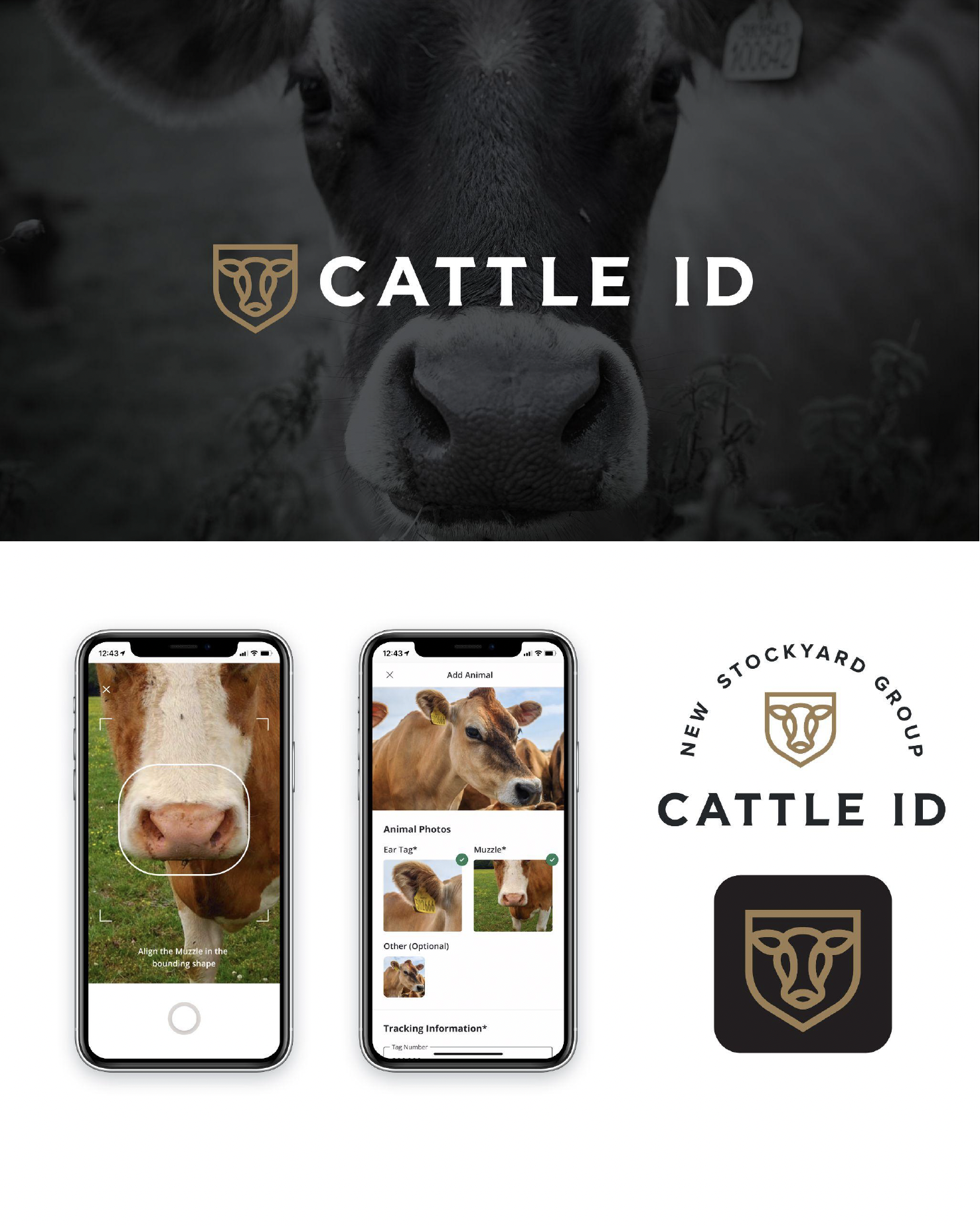A promotional graphic for Cattle ID features a close-up of a cow's face with a logo and the text "Cattle ID" overlaid. Below, two smartphone screens display an app interface for adding and tracking farm animals by photos and tags.