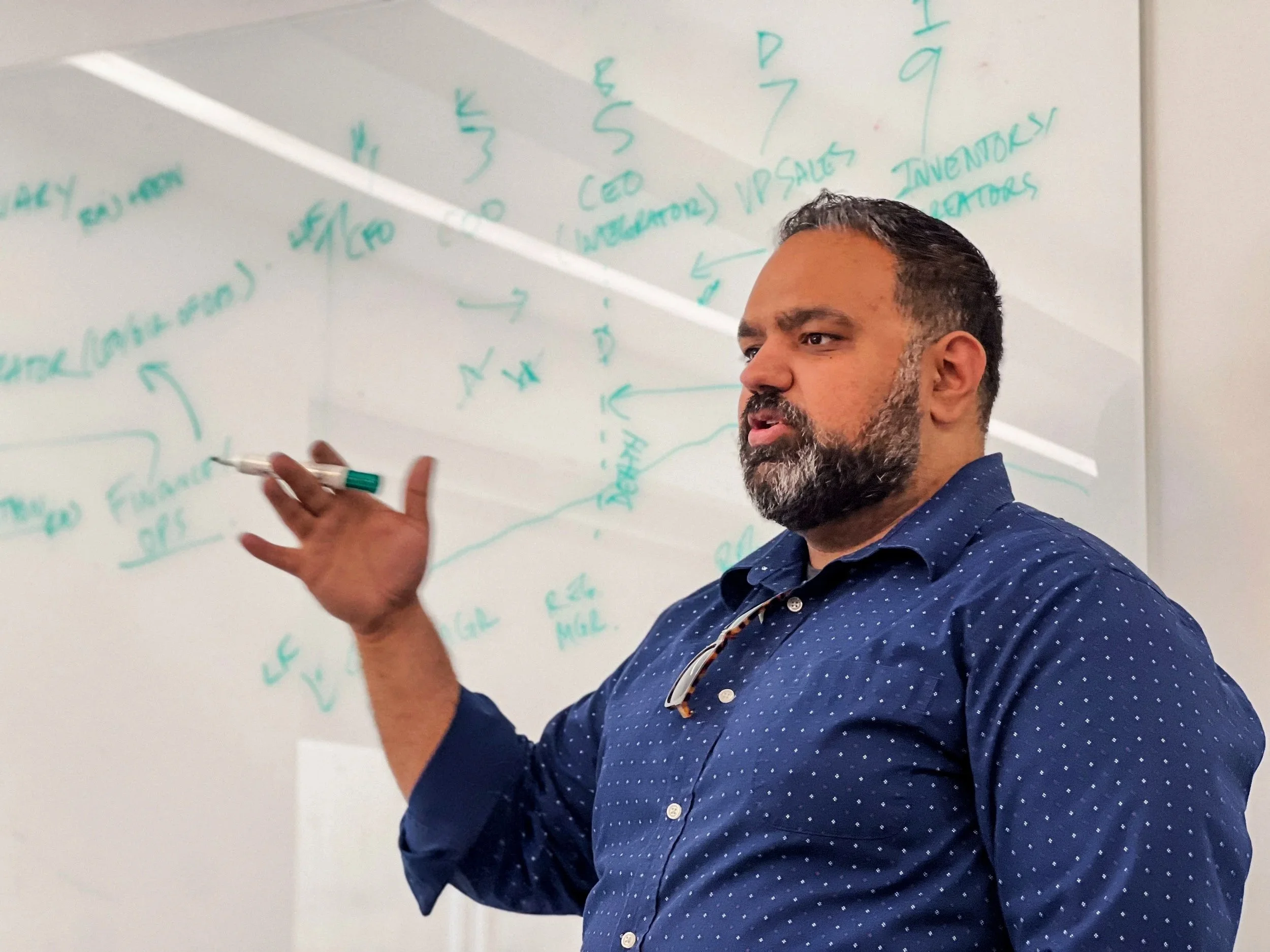 Photo of Raj Lulla - A man with a beard, wearing a dark blue shirt with white polka dots, is pointing to a whiteboard filled with blue handwritten notes and diagrams during a presentation or discussion.
