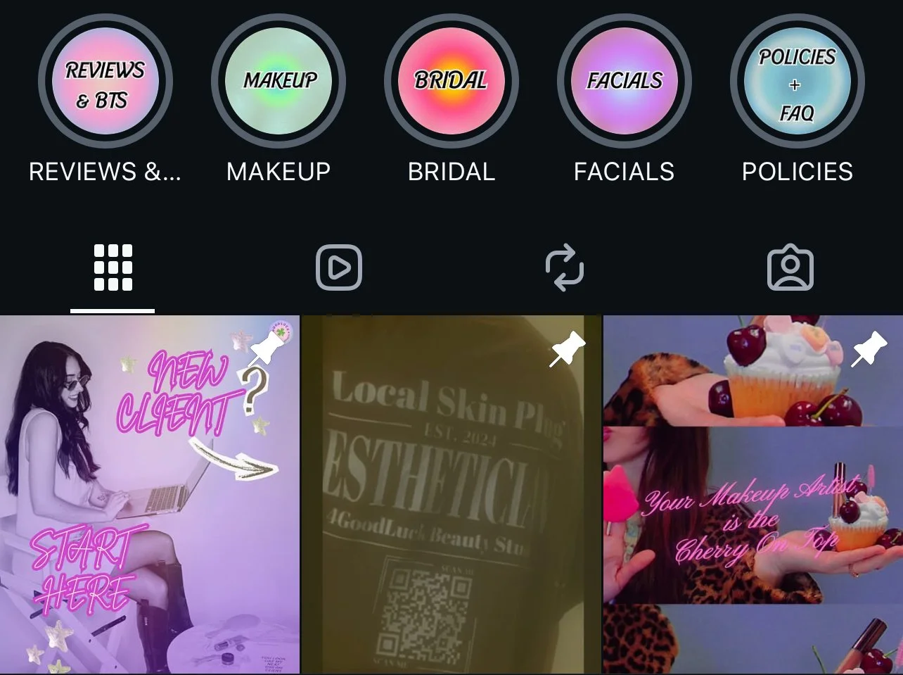 Instagram profile highlights with categories: Reviews & BTS, Makeup, Bridal, Facial, Policies & FAQ; and posts with themes related to a beauty or aesthetic business on Instagram 4GoodLuck.BeautyStudio