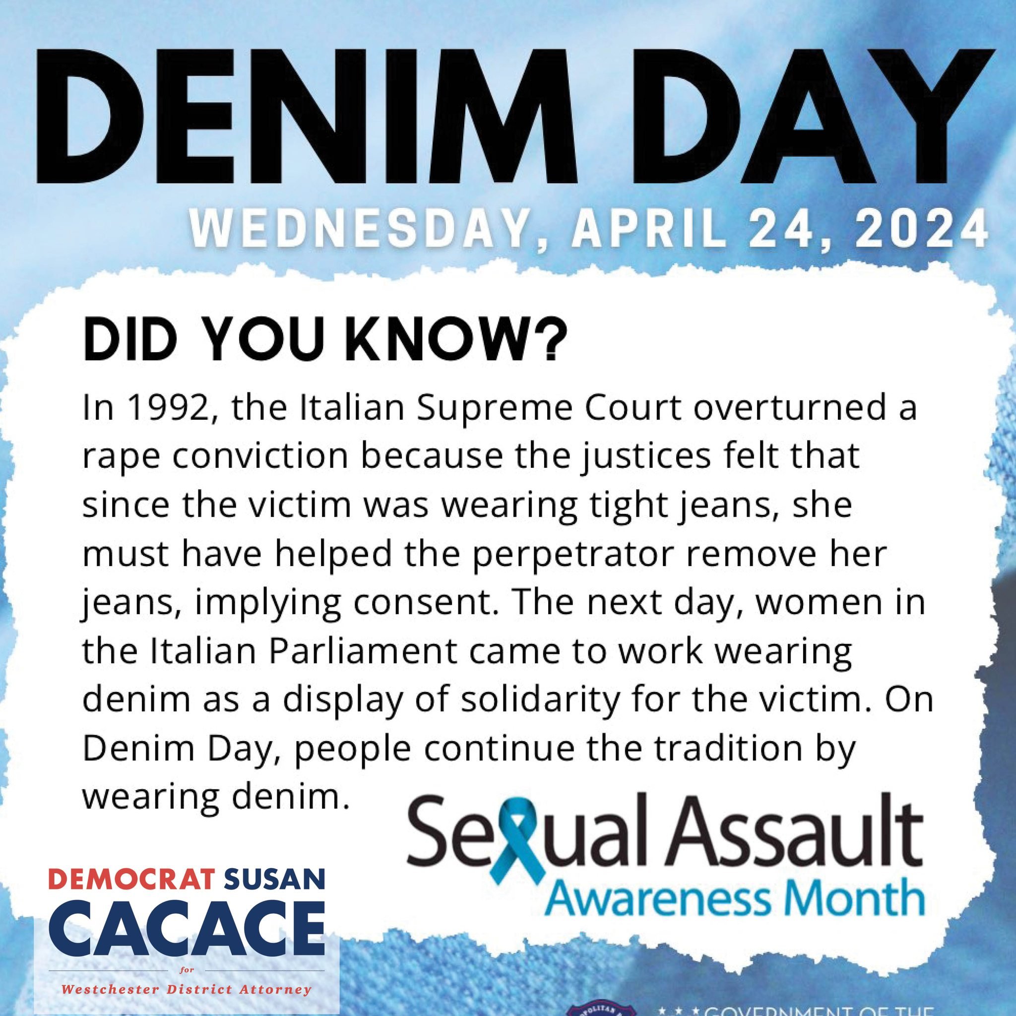 Denim Day. Clothes&ne;Consent. 

#cacaceforda 
#DenimDay2024 
#denimday 
#voicesforvictims