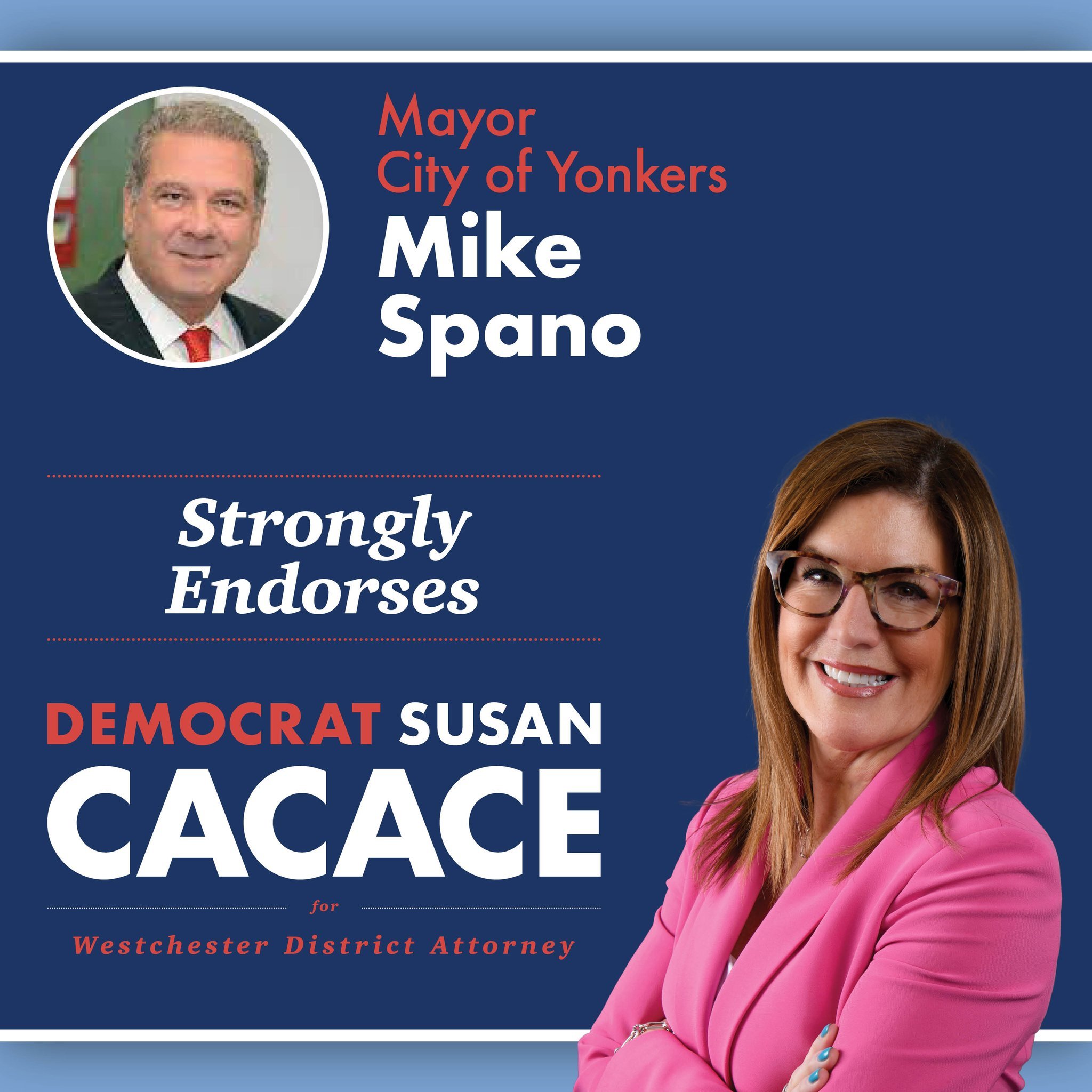 📣📣 ENDORSEMENT ALERT 📣📣

Mayor Mike Spano puts his support behind Susan Cacace for District Attorney!

Thank you Mayor Spano, for your belief in my platform of justice with compassion!

#cacaceforda #westchester #DistrictAttorney 
#mayormikespano